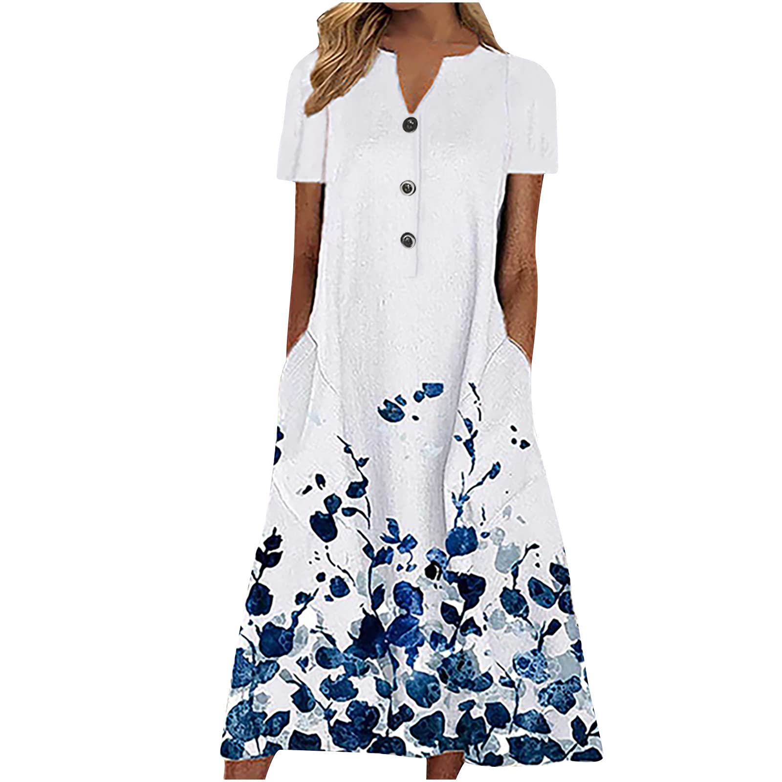 BoomDDD Plus Size Maxi Dress for Women - Floral Print Summer Casual V-Neck Short Sleeve Dress with Pockets | Beach Vacation, Outdoor Party, Date Night Outfit
