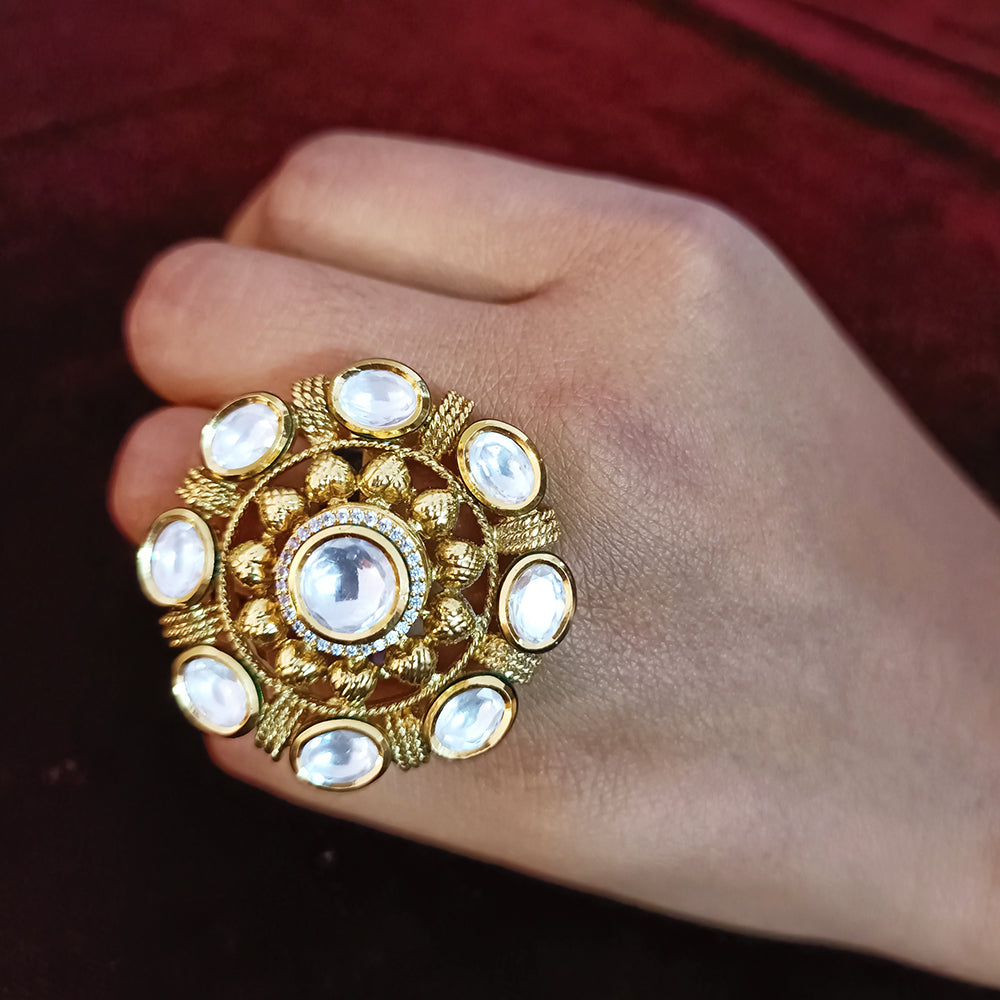 Designer Gold Plated Royal Kundan Beaded Ring (Design 117) - Elegant Indian Jewelry for Weddings, Parties & Special Occasions