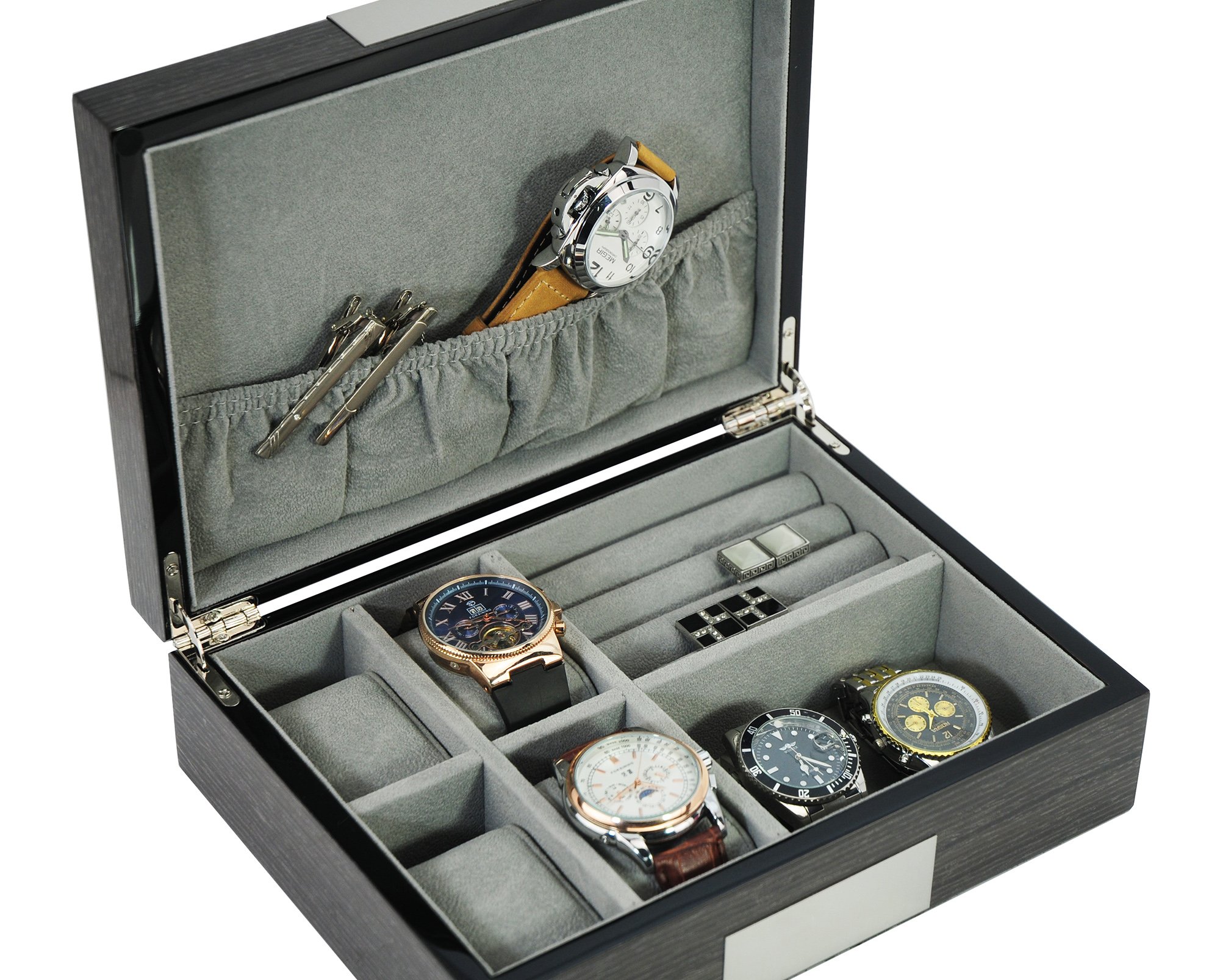 Personalized Grey Ginkgo Lacquered Wood Watch, Cufflink & Ring Storage Organizer - Men's Jewelry Box for Dresser, Travel & Gift Giving