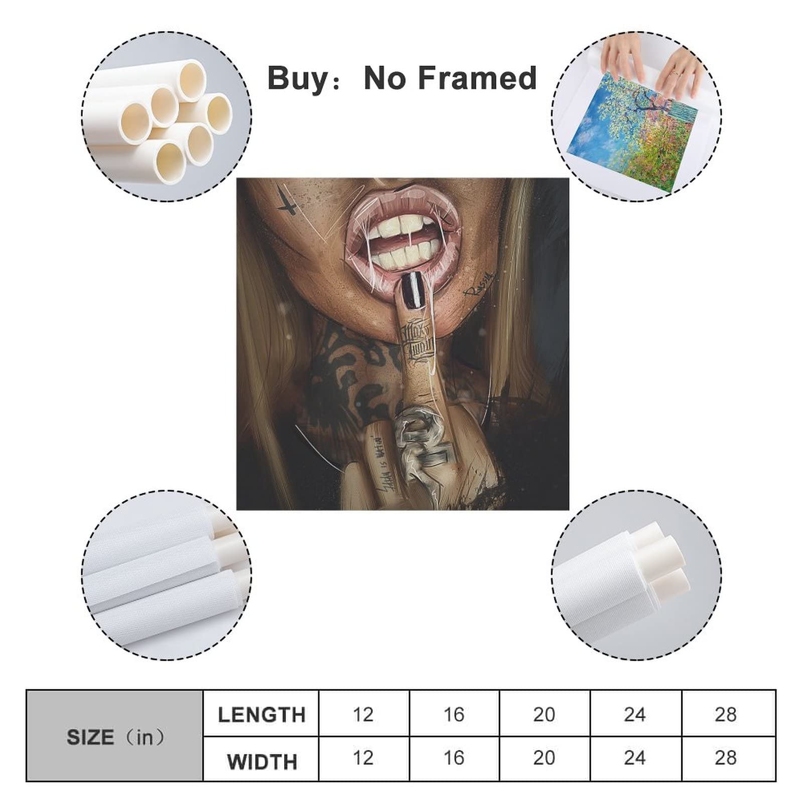 Rucatto Sexy Lips Girl Tattoo Art - Cool Canvas Wall Decor Poster (16x16 inch/40x40cm) - Perfect for Living Room & Bedroom Aesthetic Painting