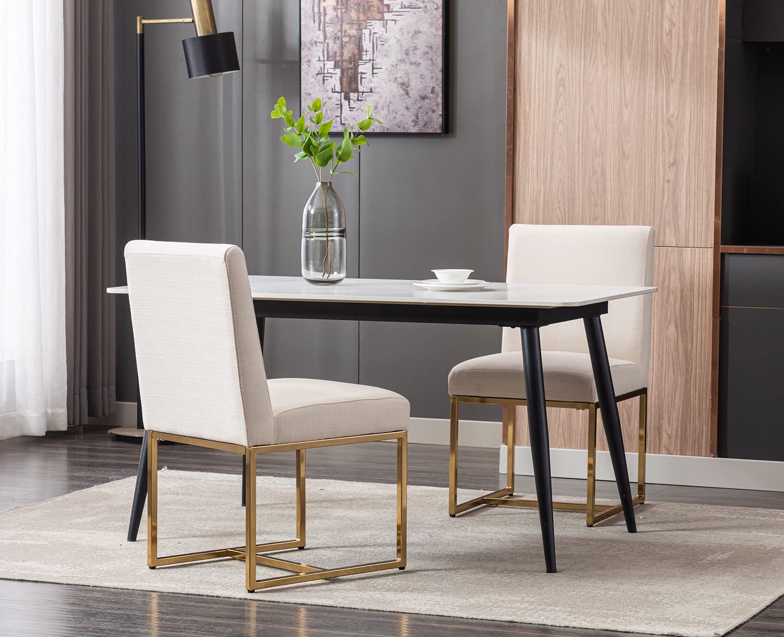Shunzhi Mid Century Modern Upholstered Dining Chairs Set of 2 - Gold Metal Legs, Linen Fabric Armless Side Chairs for Dining Room, Living Room & Bedroom - Cream Comfortable Seating for Home Decor