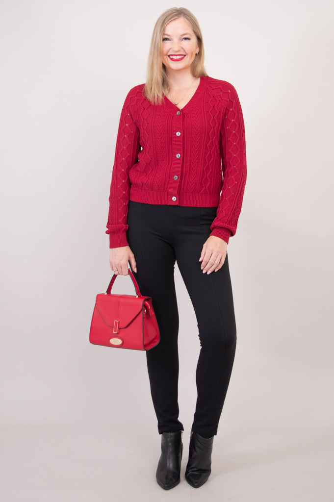 Bena Women's Red Cotton Cardigan Sweater - Soft & Comfortable Open Front Knit Wrap for Fall & Winter - Perfect for Casual Outfits, Office Wear, and Cozy Layering