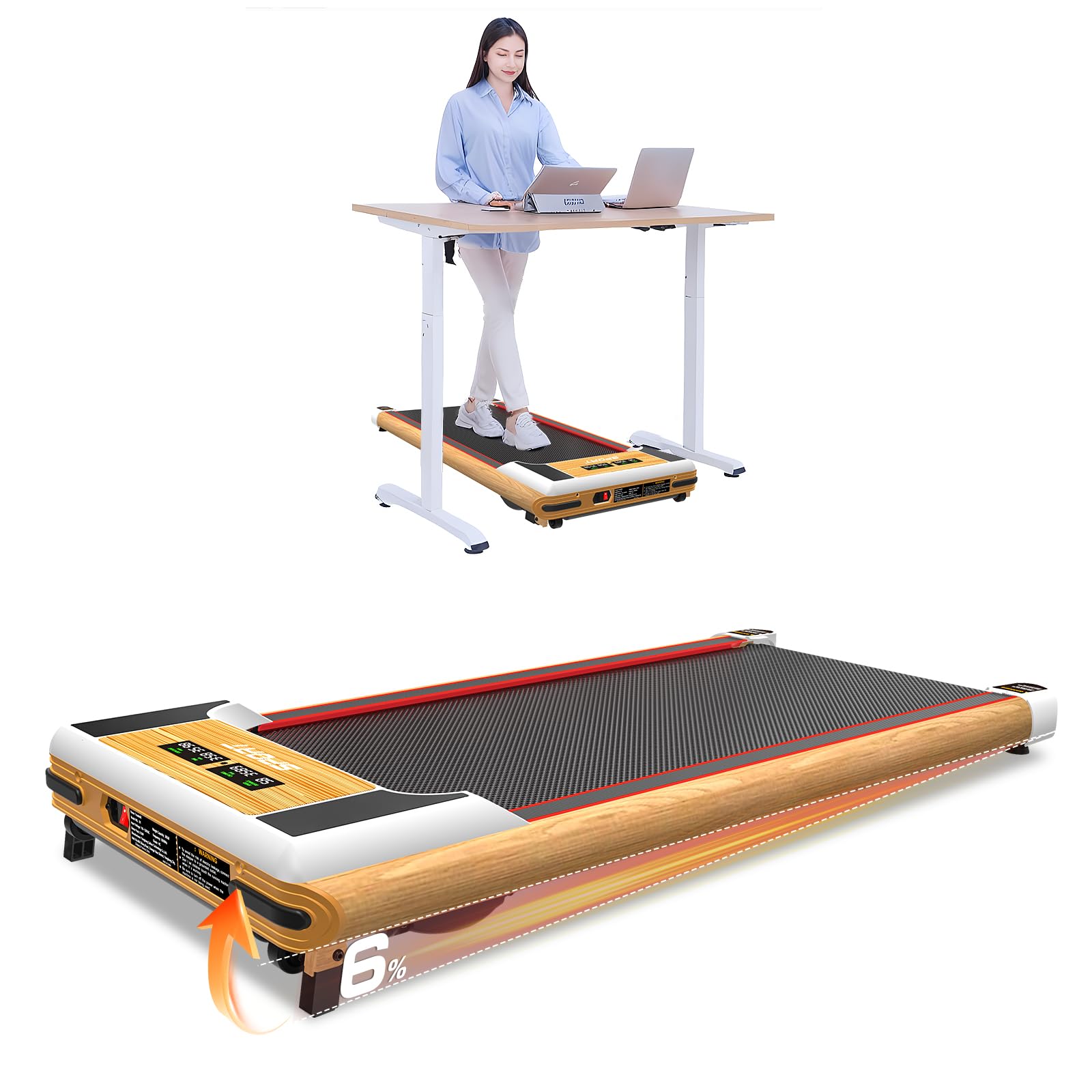 2 in 1 Under Desk Treadmill with Incline - Compact Walking Pad & Jogging Machine for Home Office, Wood Grain Design | Perfect for Workouts While Working or Watching TV