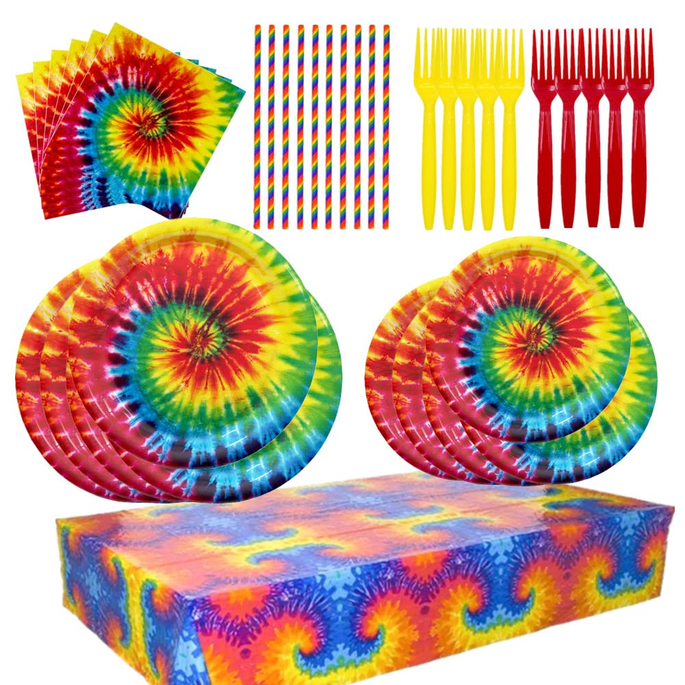 97-Piece Hippie Tie-Dye Party Plates Set - Disposable Tableware for Birthday, 60s & 70s Theme Parties - Includes Rainbow Paper Plates, Tablecloth, Straws & Forks - Perfect for Boho Decorations & Retro Celebrations