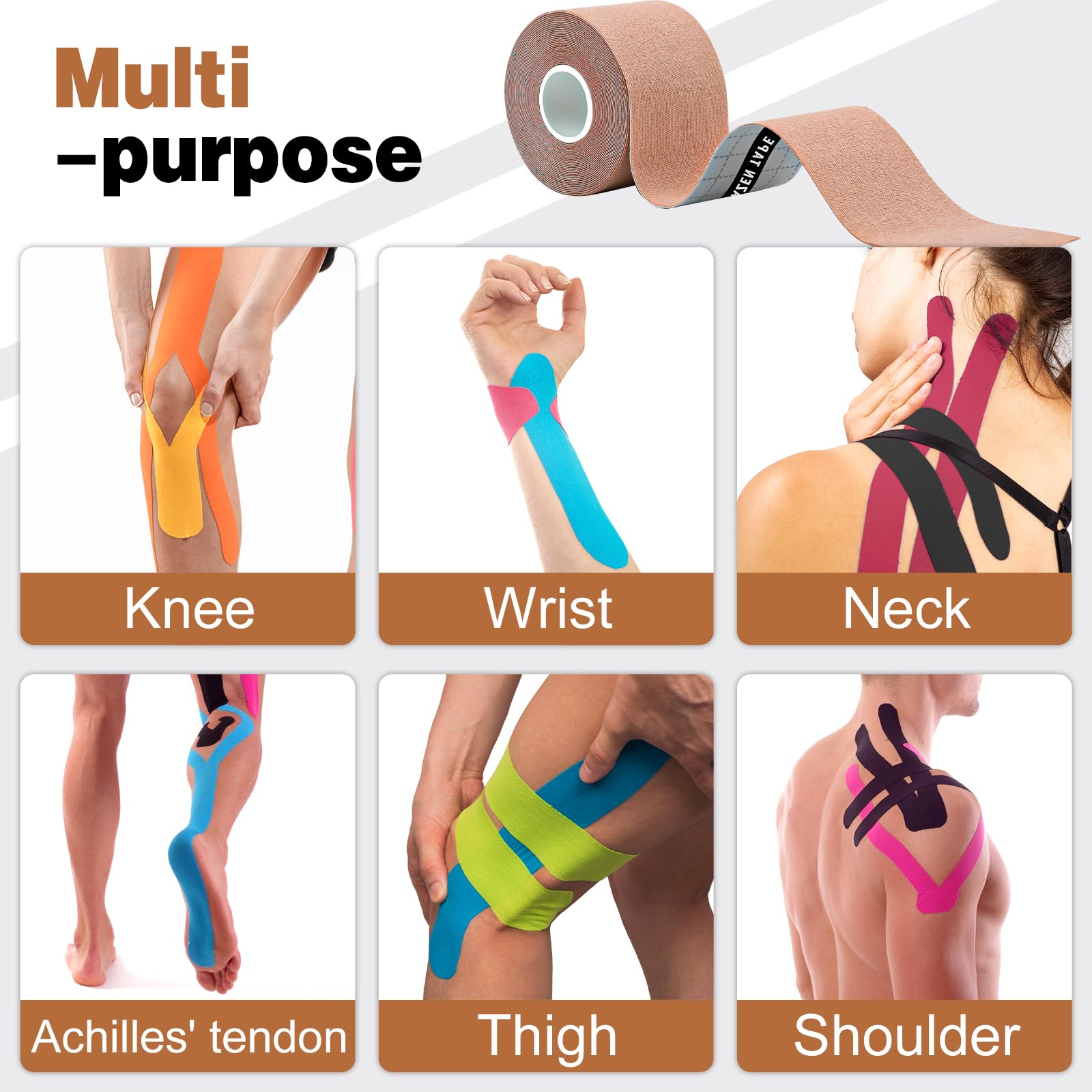 AZEN 3 Rolls Kinesiology Tape - 16.4 ft Waterproof Athletic Tape for Knee & Joint Support, Muscle Pain Relief - Uncut Elastic Sports Tape for Athletes, Runners, Gym Workouts & Physical Therapy