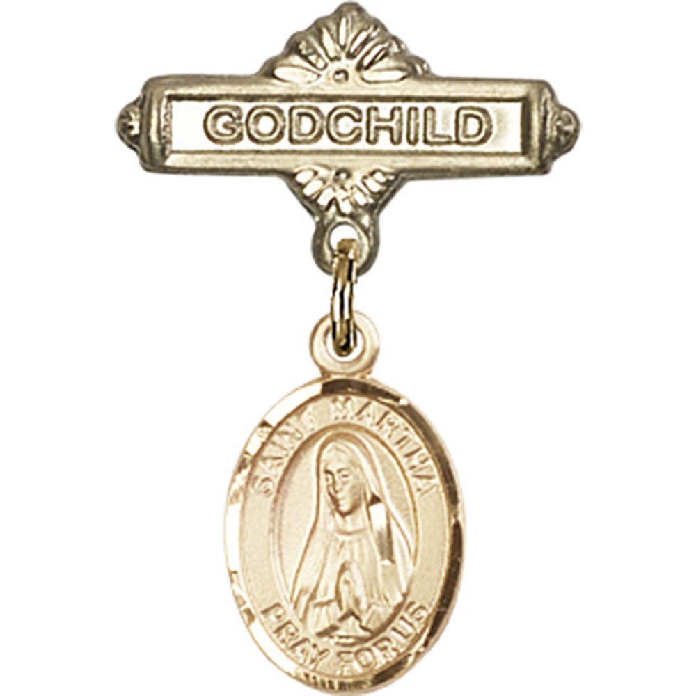 St. Martha Gold Filled Baby Badge & Godchild Pin - 1 x 5/8 Inch Religious Jewelry for Baptism, Christening & Special Occasions