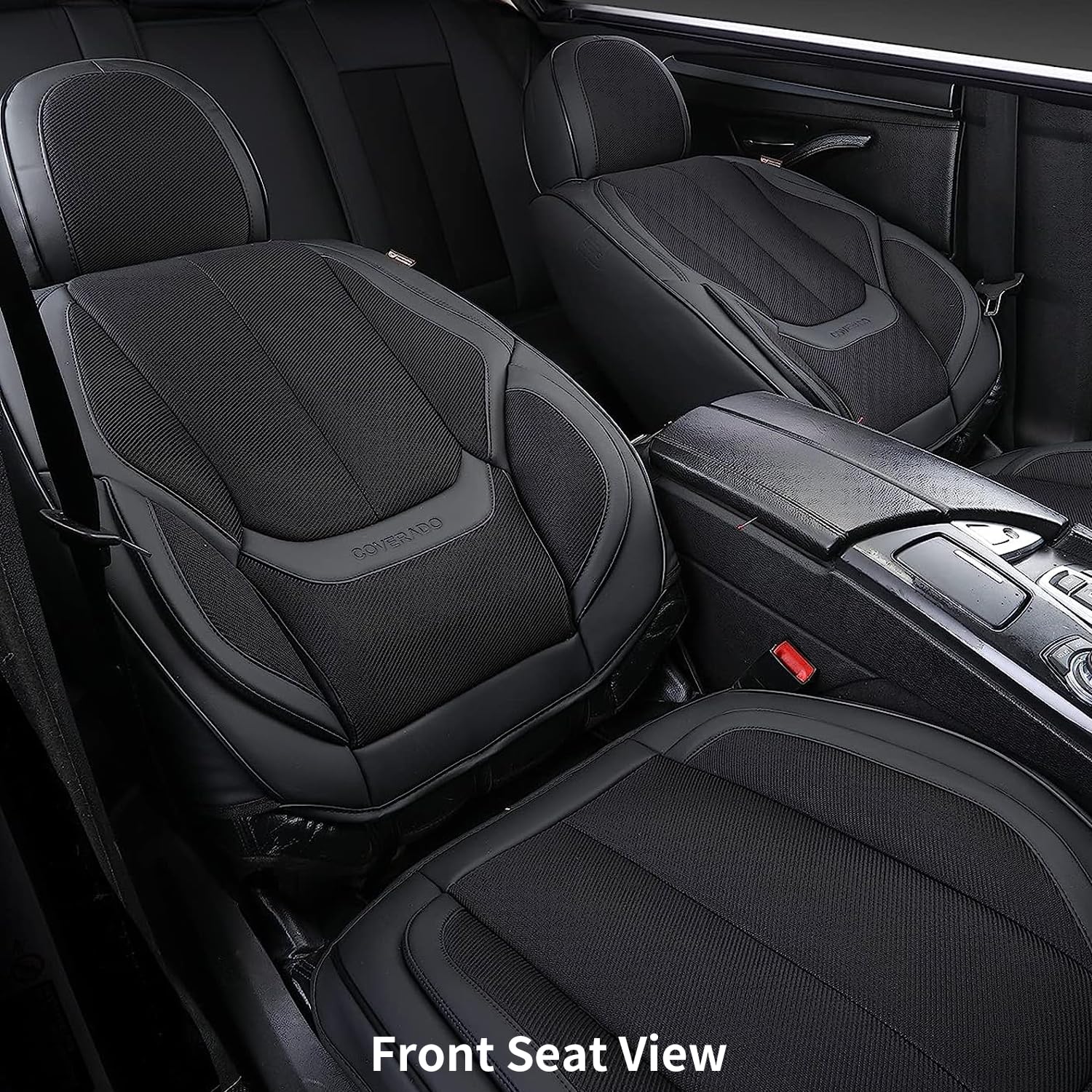 Coverado Universal Front Seat Covers (2-Piece Set) - Breathable Fabric & Leather Car Seat Protectors for Sedans, SUVs & Trucks - Premium Auto Accessories for Comfort & Protection - Perfect for Daily Commute, Road Trips & Family Travel - Black