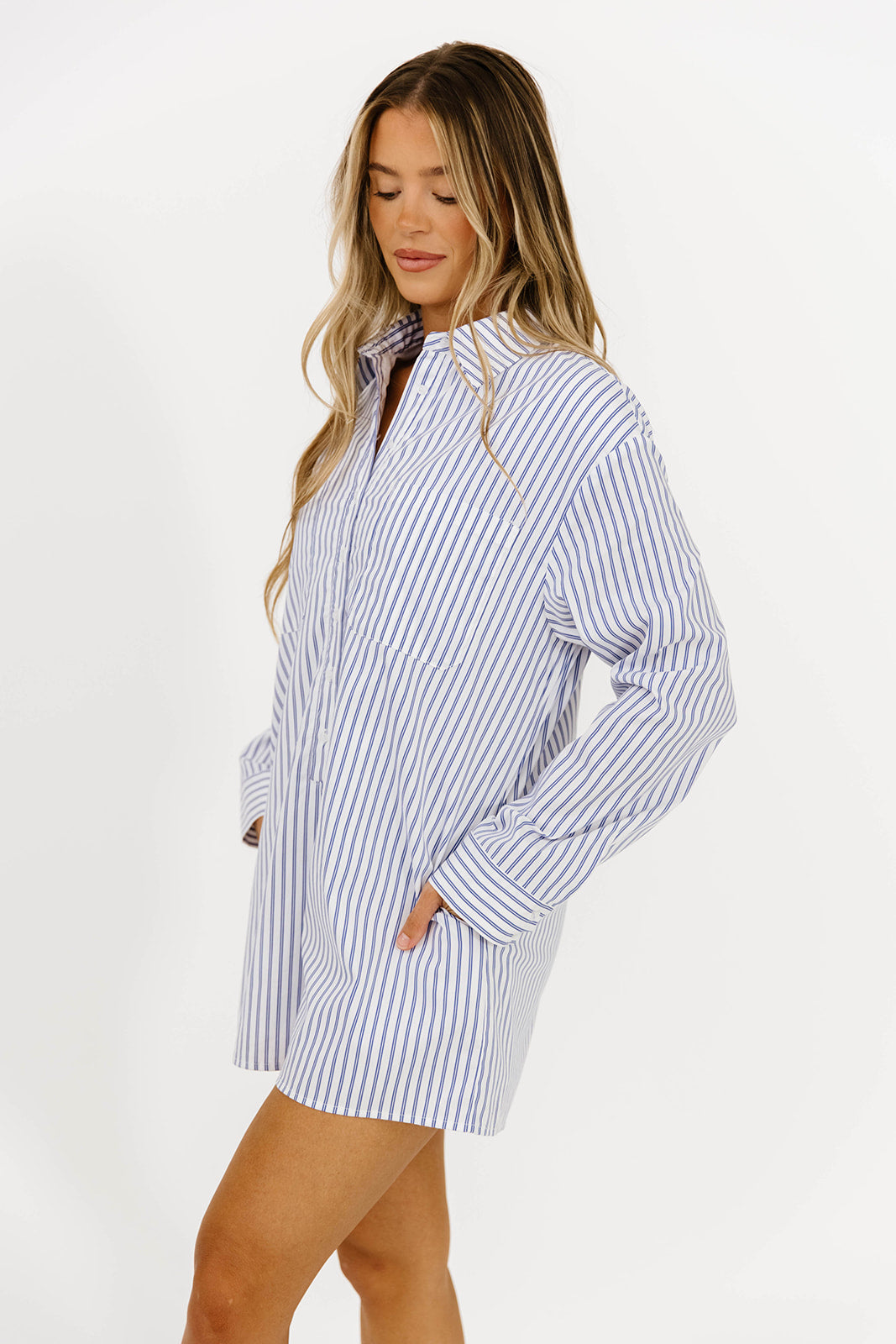 Etta Oversized Striped Shirt Romper in Blue | Women's Casual Jumpsuit with Pockets | Perfect for Summer Outings, Beach Vacations & Weekend Brunch