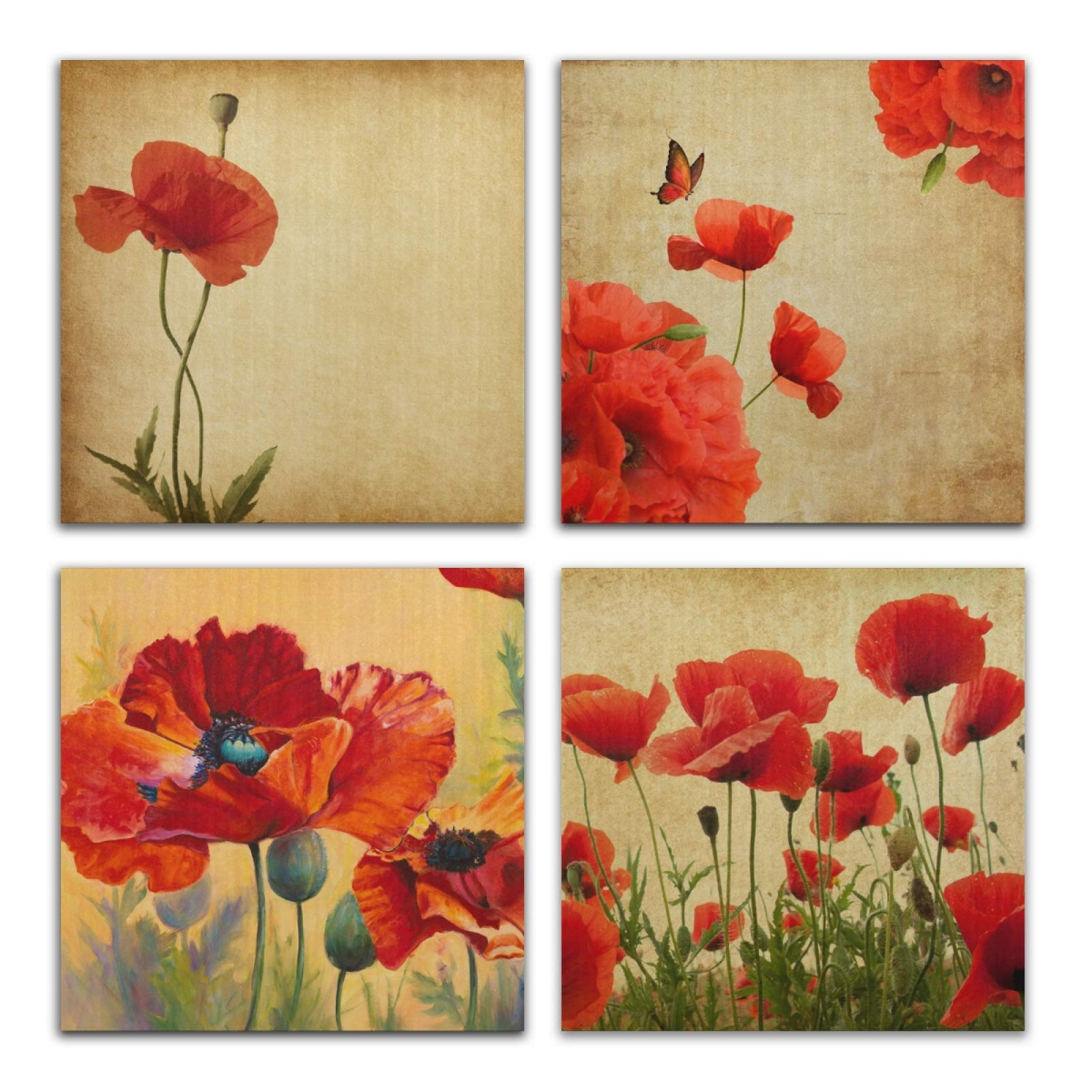 Vintage Red Poppy Floral Wall Art Set - 4 Piece Retro Flower Posters for Home & Office Decor - Perfect for Living Room, Bedroom & Office Wall Decoration