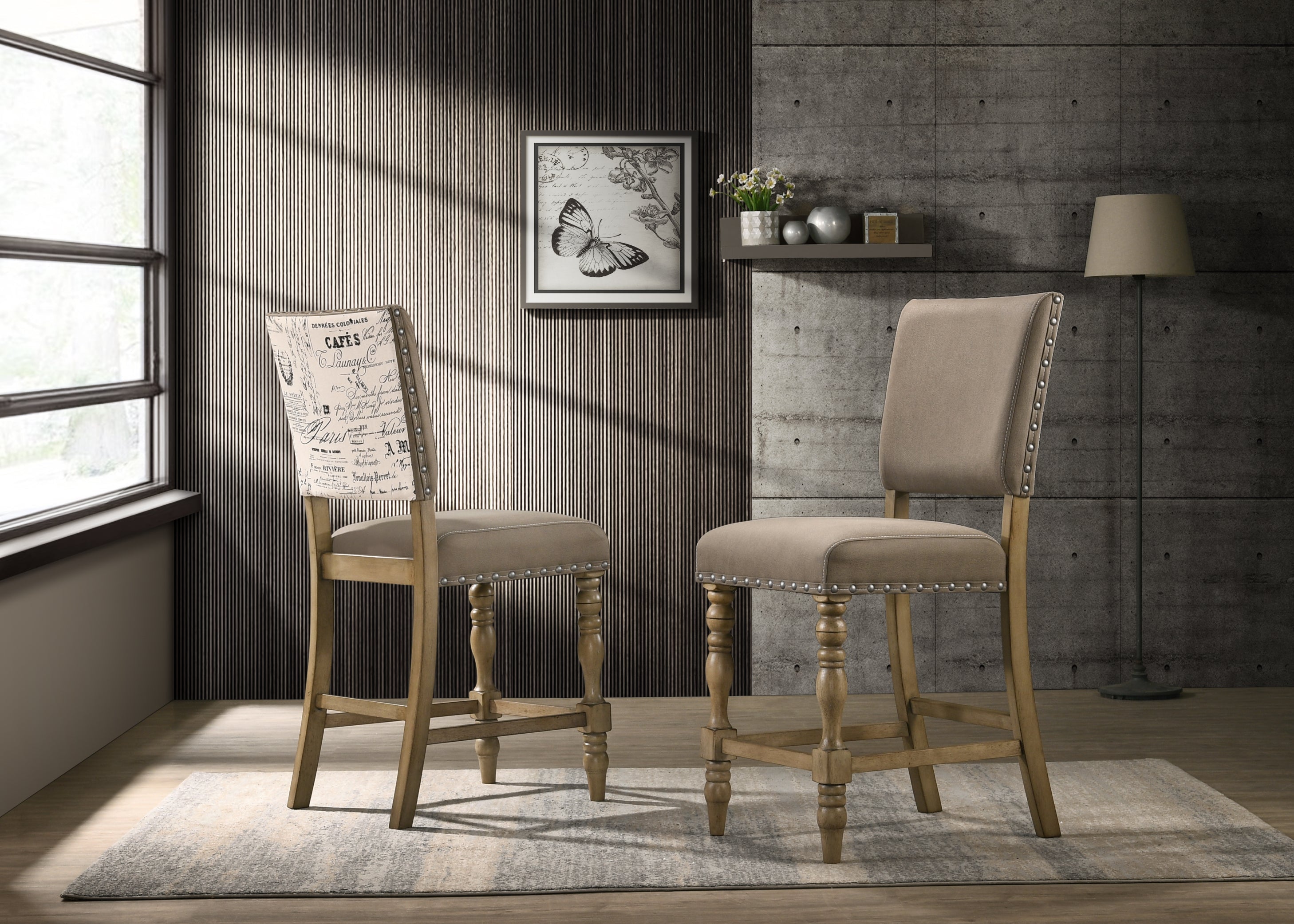 Roundhill Furniture Birmingham Script Printed Driftwood Finish Counter Height Dining Chairs with Nailhead Trim - Set of 2 - Perfect for Kitchen Islands, Breakfast Bars & Small Space Dining
