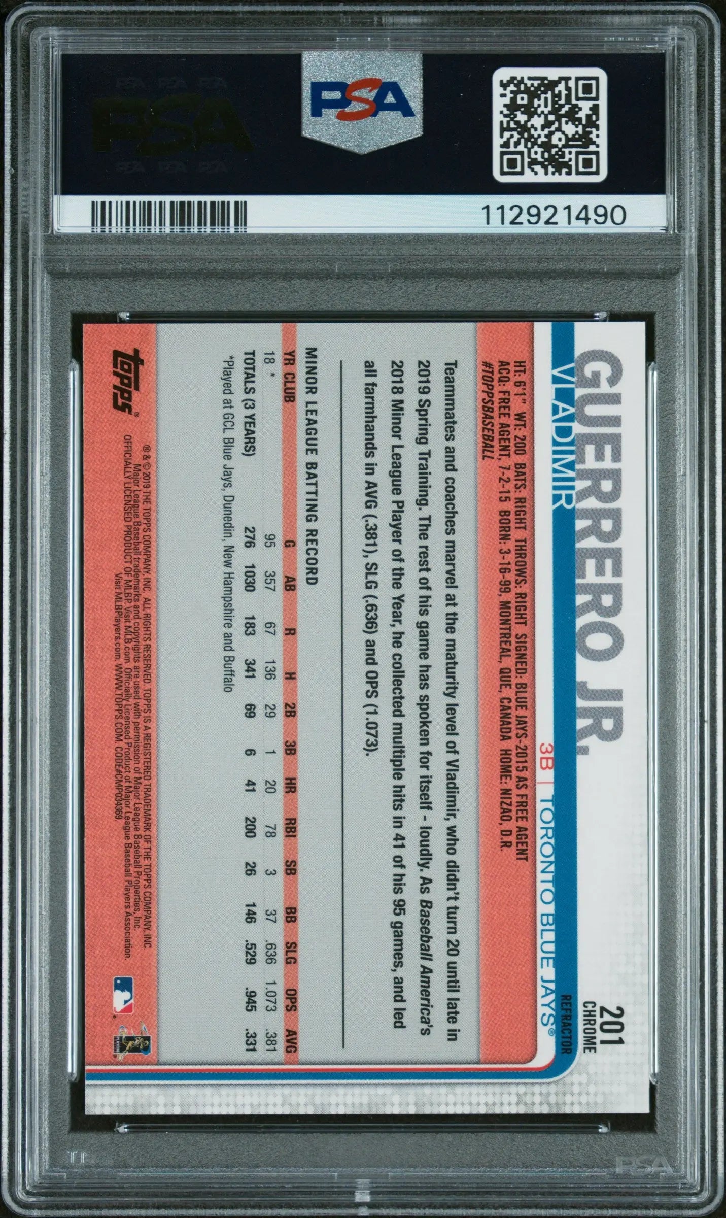 2019 Topps Chrome Baseball Vladimir Guerrero Jr. RC Rookie X-Fractor PSA 10 Gem Mint - Rare Baseball Card for Collectors & Investment, Perfect for Display & Trading
