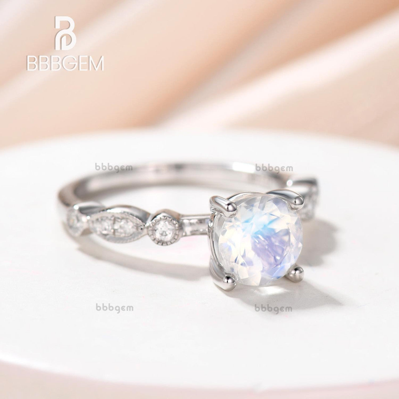 Antique Moonstone Engagement Ring 14k White Gold Marquise Milgrain Band - Vintage Style Wedding Ring for Women, Perfect for Proposals, Anniversaries & Special Occasions