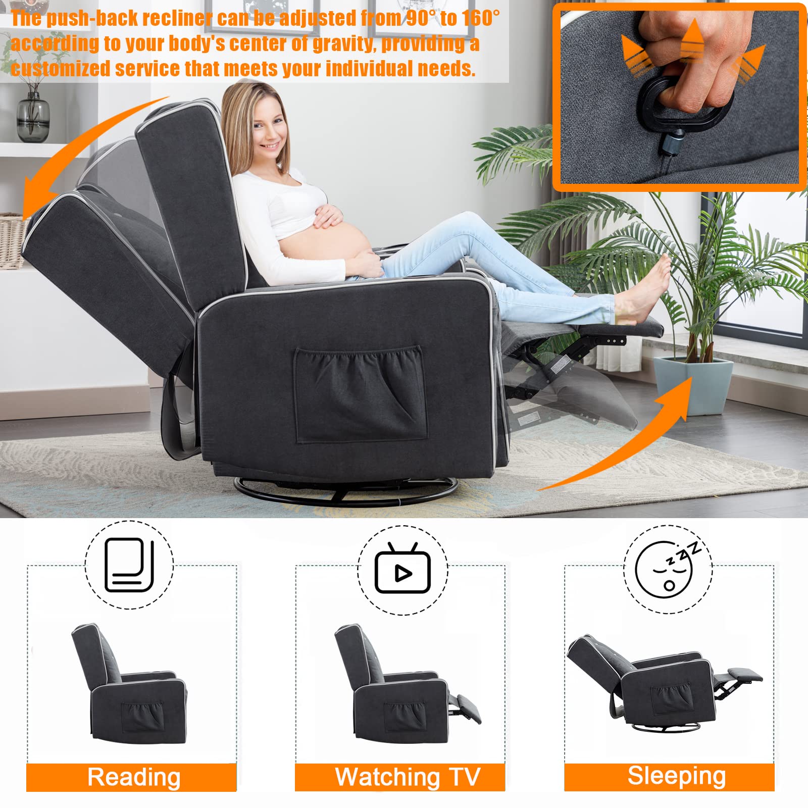 **Grey Nursery Rocking Chair - Baby Glider Rocker with Swivel & Recliner, Cup Holders & Storage Pockets - Cozy Rocking Chair for Living Room, Nursery, or Breastfeeding (1 PC)**