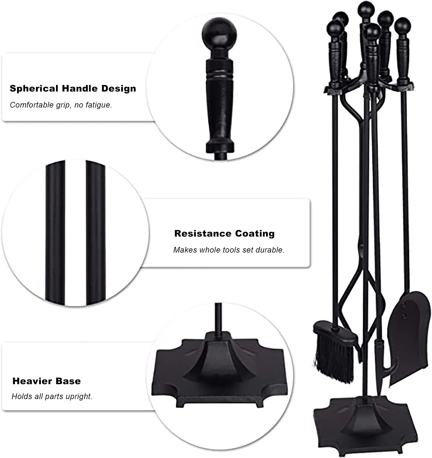 Premium MTSON 5-Piece Fireplace Tools Set - Heavy Duty Cast Iron Fireplace Accessories with Rustic Tool Holder for Indoor Fireplaces | Perfect for Home, Cabin & Fireplace Maintenance