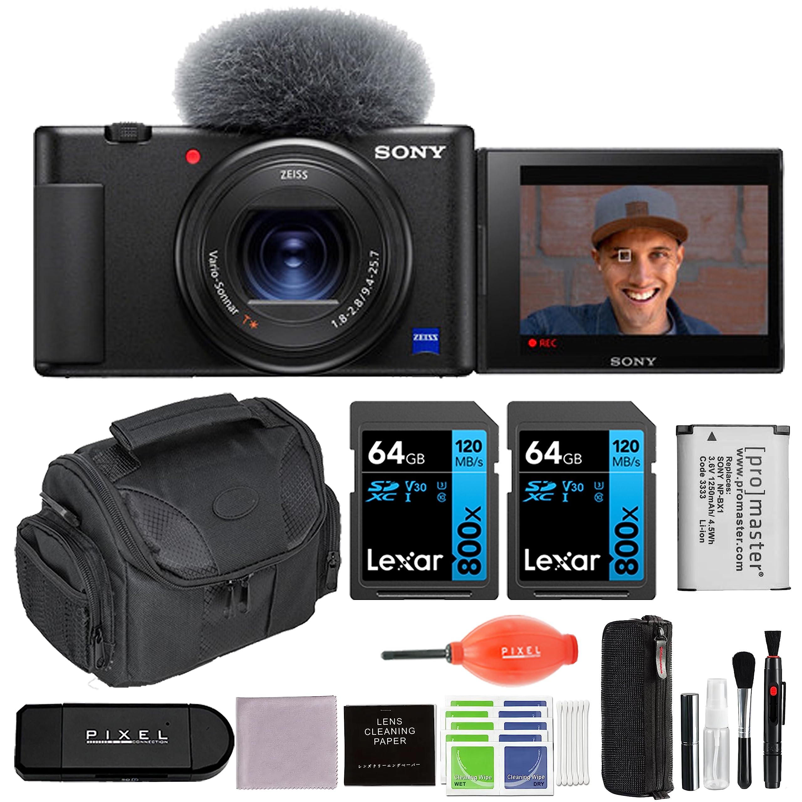 Sony ZV-1 Digital Camera Bundle with Extra Battery, Gadget Bag, 2 x 64GB SD Cards & Accessories | Compact Point and Shoot Camera for Vlogging, YouTube Content Creation, Travel Photography & Everyday Use