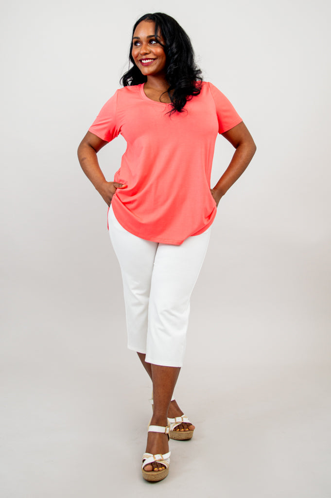Jackie Women's Short Sleeve Summer Top - Coral Bamboo V-Neck Blouse for Casual Wear & Beach Outings