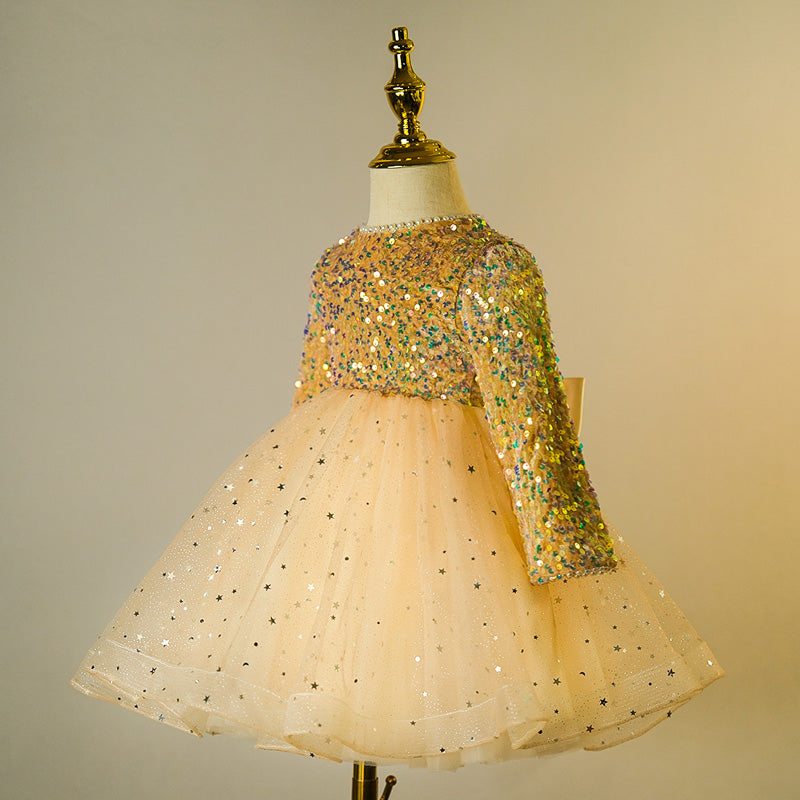 Sparkly Gold Sequin Flower Girl Dress with Beaded Long Sleeves - Elegant A-Line Tea-Length Formal Gown for Weddings, Pageants & Special Occasions