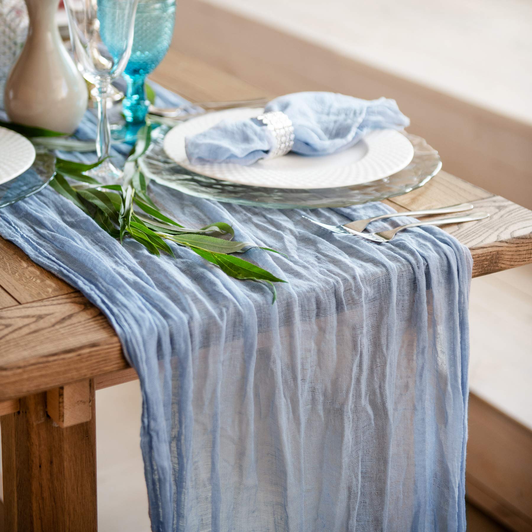Dusty Blue Cheesecloth Table Runner 142 Inch Long - Boho Wedding Decoration, Baby Shower Table Cover, Rustic Cheesecloth Fabric for Farmhouse & Vintage Events - Perfect for Dining Tables, Buffets, and Photo Backdrops