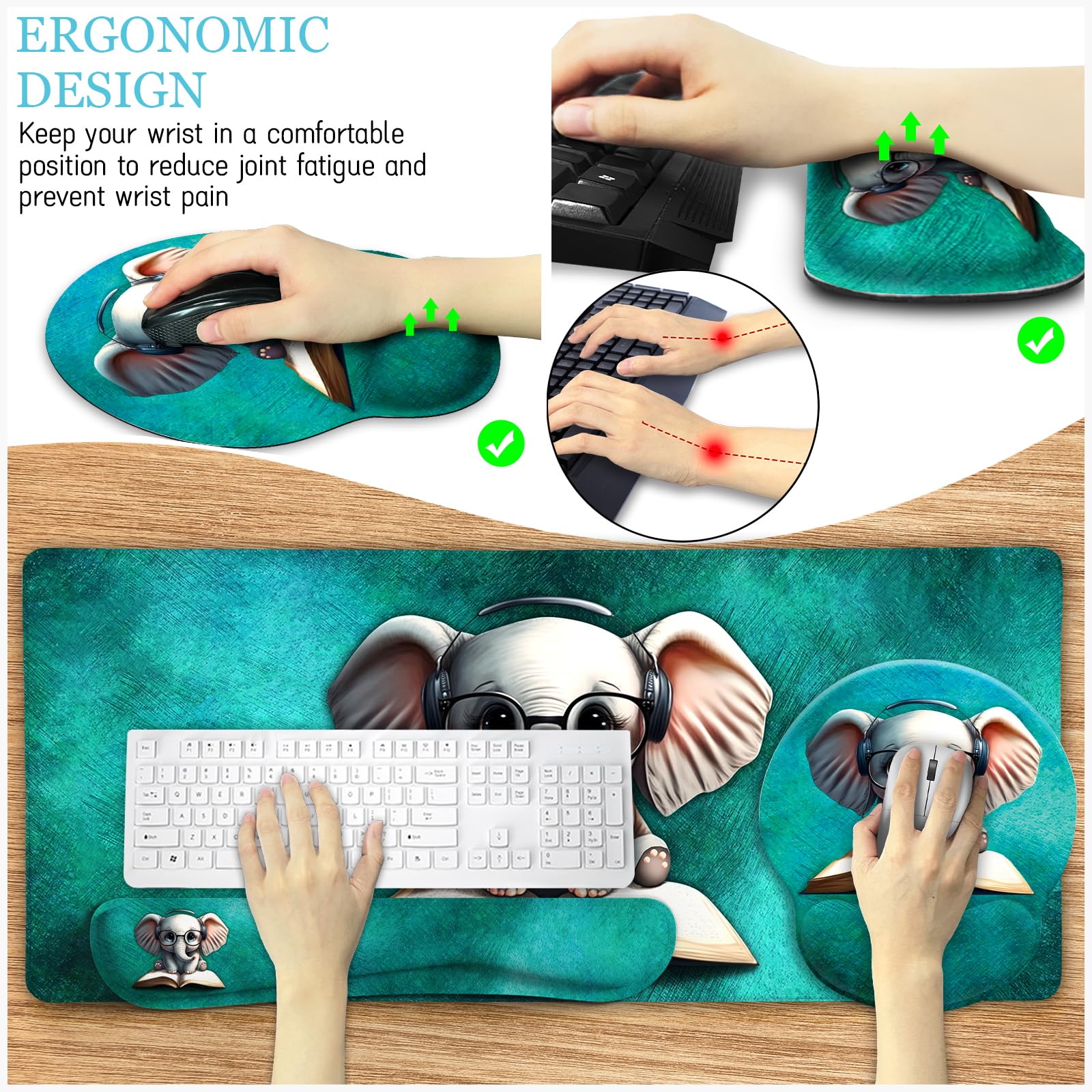 Premium Large Gaming Mouse Pad with Ergonomic Wrist Rest - XXL Desk Mat for Keyboard & Mouse - Non-Slip Office Desk Accessory with Cup Coaster - Cute Elephant Design for Home Office, Gaming Setup & Workstation Decor
