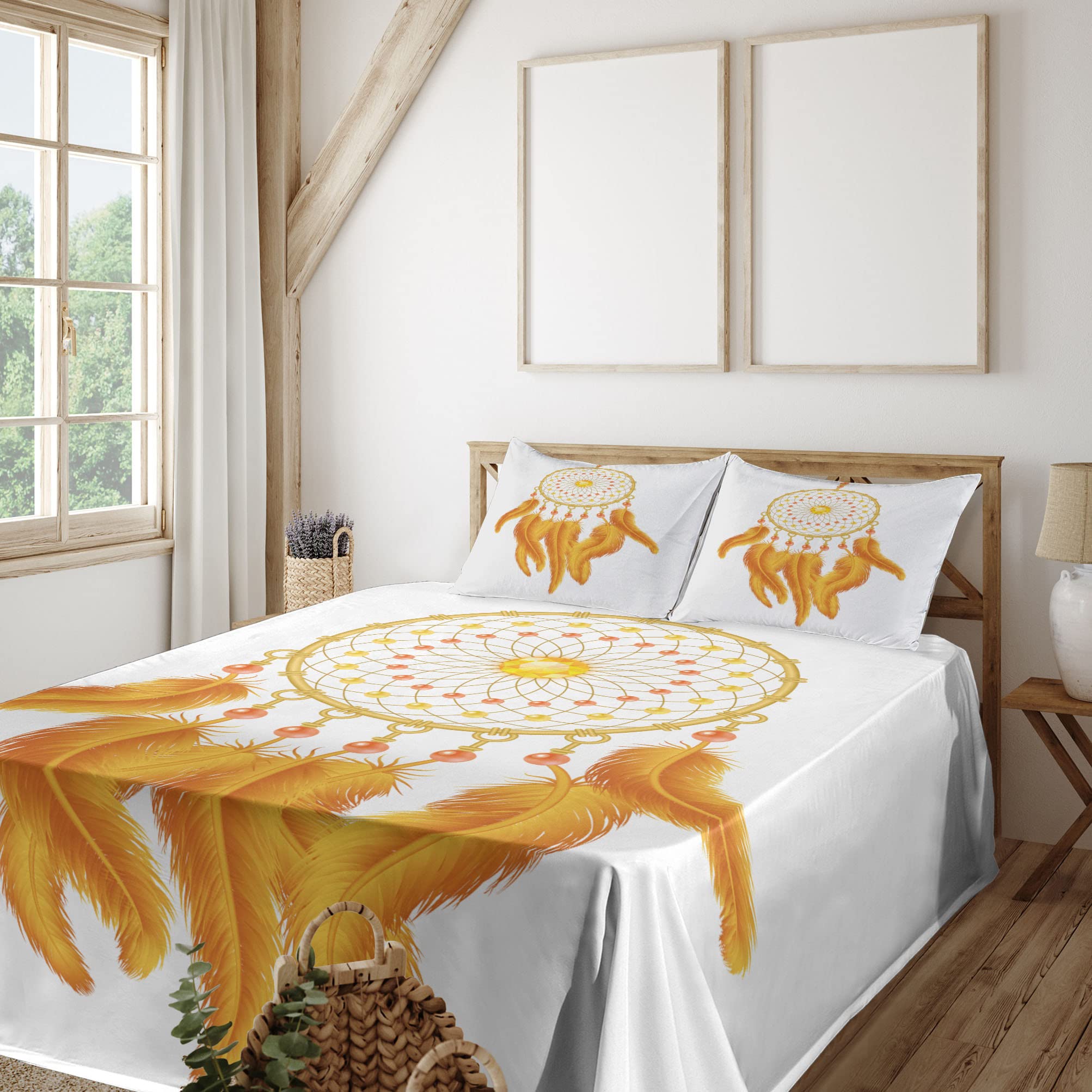 Ambesonne Aztec Bed Sheet Set - Golden Yellow Dreamcatcher Native Indigenous Design, 4-Piece King Size Bedding with Fitted Sheet, Flat Sheet & Pillowcases in Marigold White | Perfect for Boho Chic, Southwestern & Cultural Themed Bedrooms
