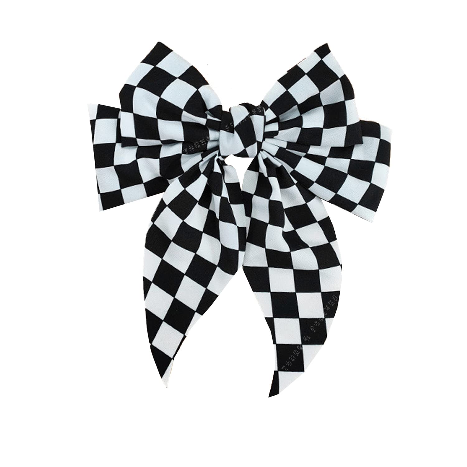 Young & Forever Large Checkered Monochrome Bow Hair Clips for Women - Black and White Hair Barrettes, Hair Accessories & Jewelry for Girls & Women | Perfect for School, Parties, Weddings & Everyday Styling