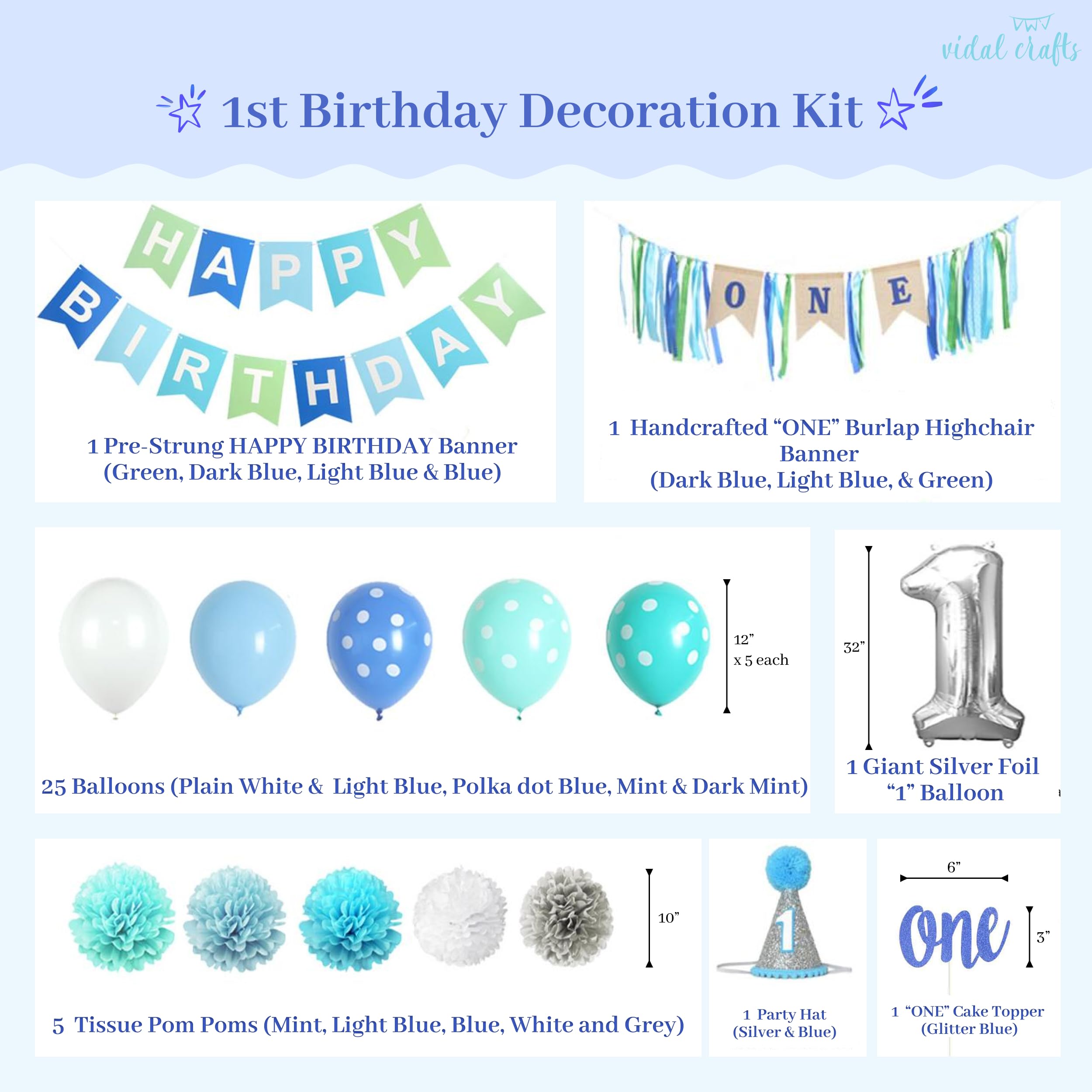VIDAL CRAFTS 1st Birthday Party Decorations Set for Boys - High Chair Banner, Balloons, Paper Flowers & Cake Topper - Baby Boy's First Birthday Supplies - Perfect for 1 Year Old Birthday Parties, Photo Shoots & Nursery Decorations