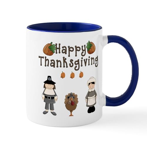 White/Navy Inside - Happy Thanksgiving Pilgrims And Turkey Mugs