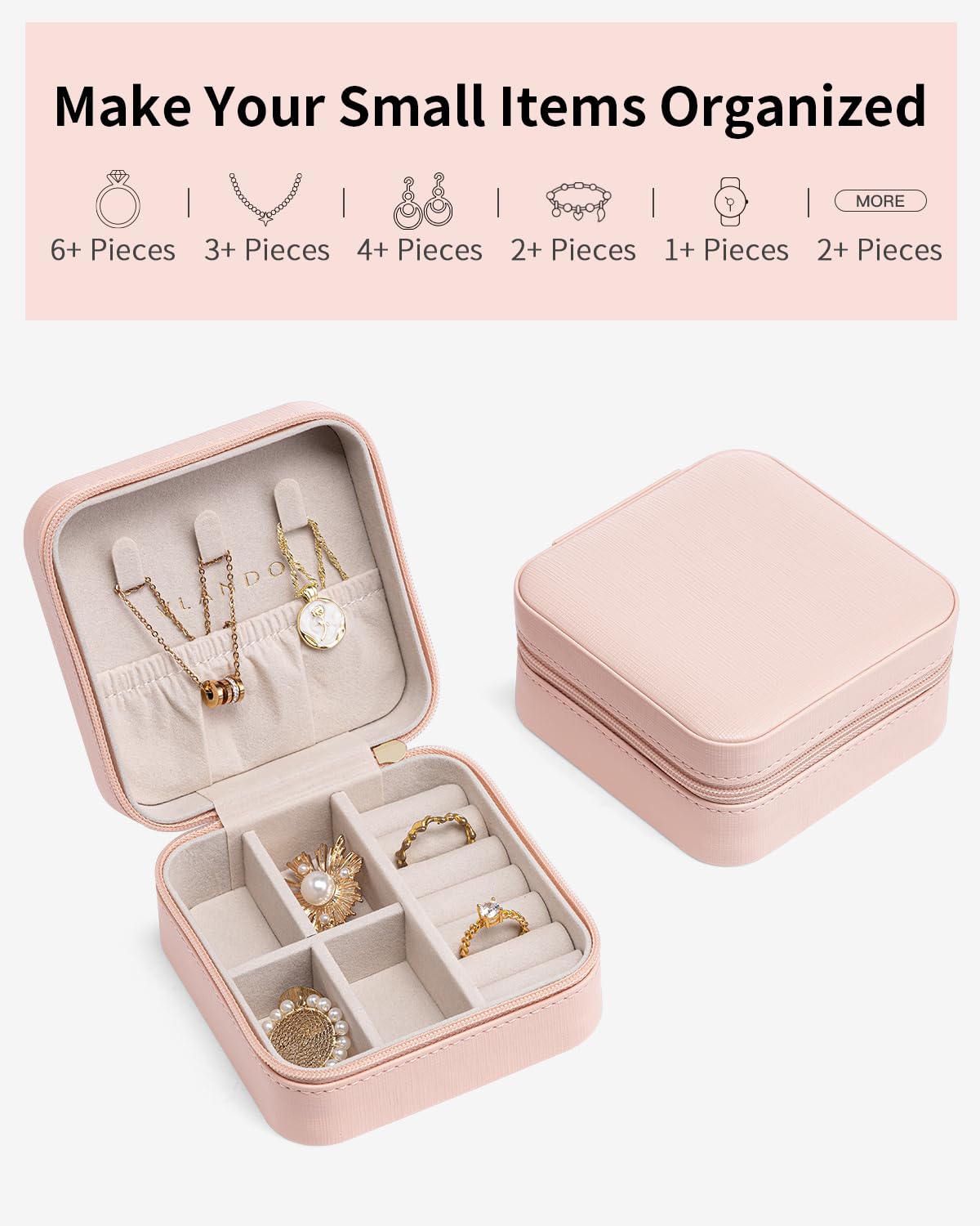 Vlando Pink Travel Jewelry Organizer Box - Portable Jewelry Case for Women & Girls, Perfect for Travel, Gifts, Christmas & Daily Storage | Compact & Stylish Jewelry Holder for Necklaces, Rings & Earrings