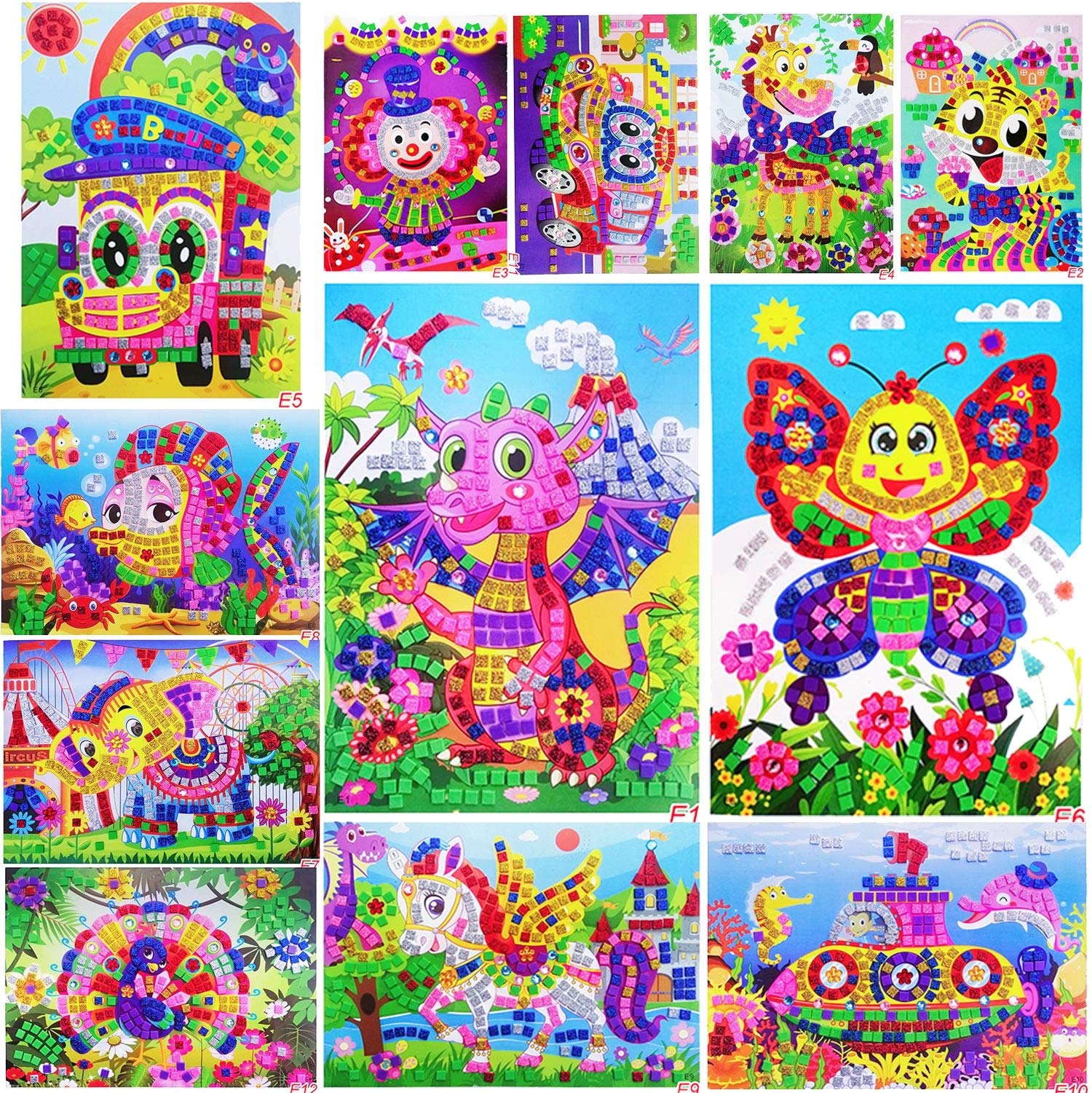 Mosaic Sticker Art Kits for Kids - DIY Handmade Creative Activity Set with 12 Animal & Vehicle Designs (Dinosaur, Horse, Peacock, Elephant, Tiger, Giraffe, Fish, Bee, Clown, Bus, Taxi, Submarine) - Perfect for Birthday Gifts, Classroom Projects & Arts and Crafts Time