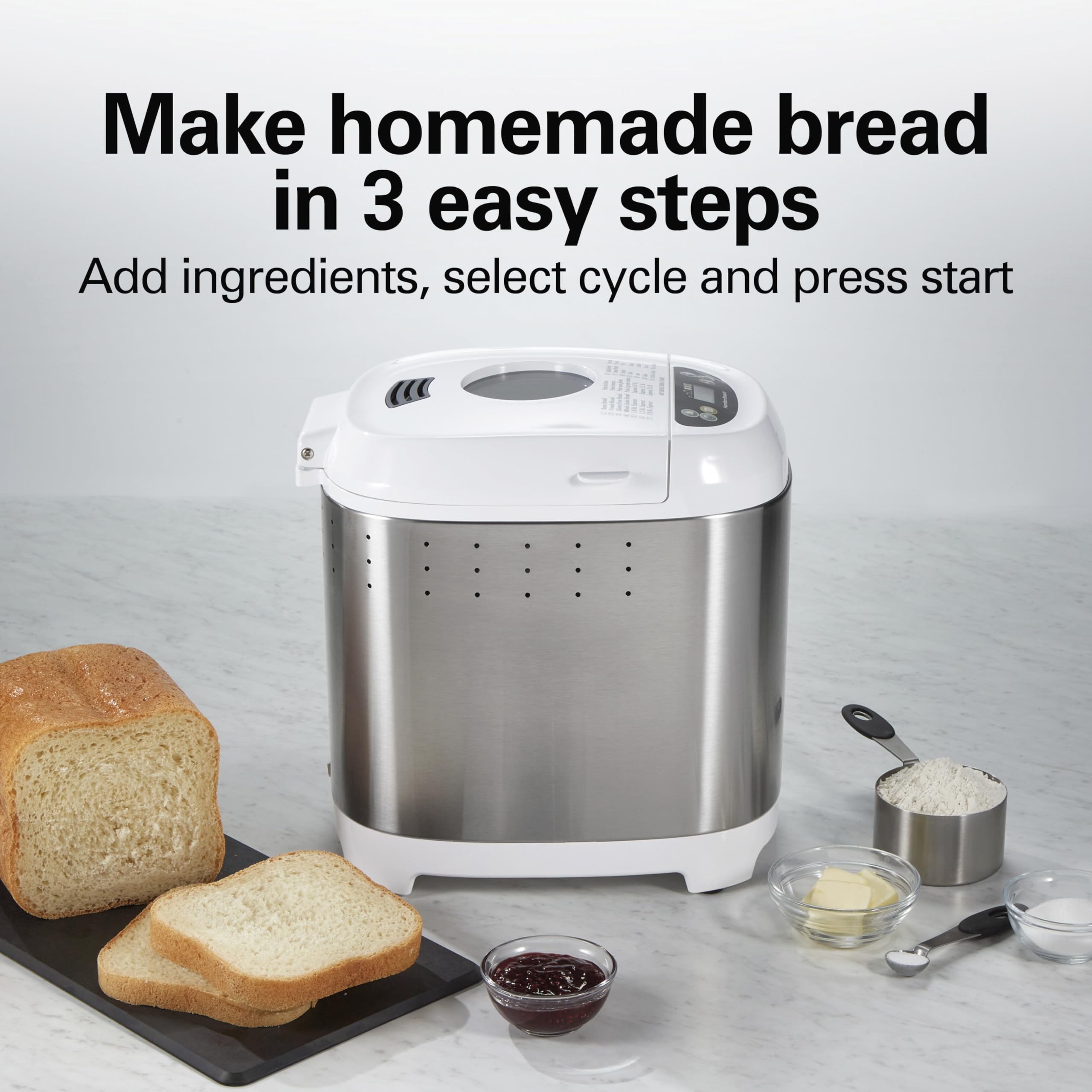 Hamilton Beach 2 lb Digital Electric Bread Maker Machine - Artisan & Gluten-Free Bread, 14 Preset Programs, White & Stainless Steel (Model 29987) - Perfect for Home Baking, Gifts, and Healthy Eating