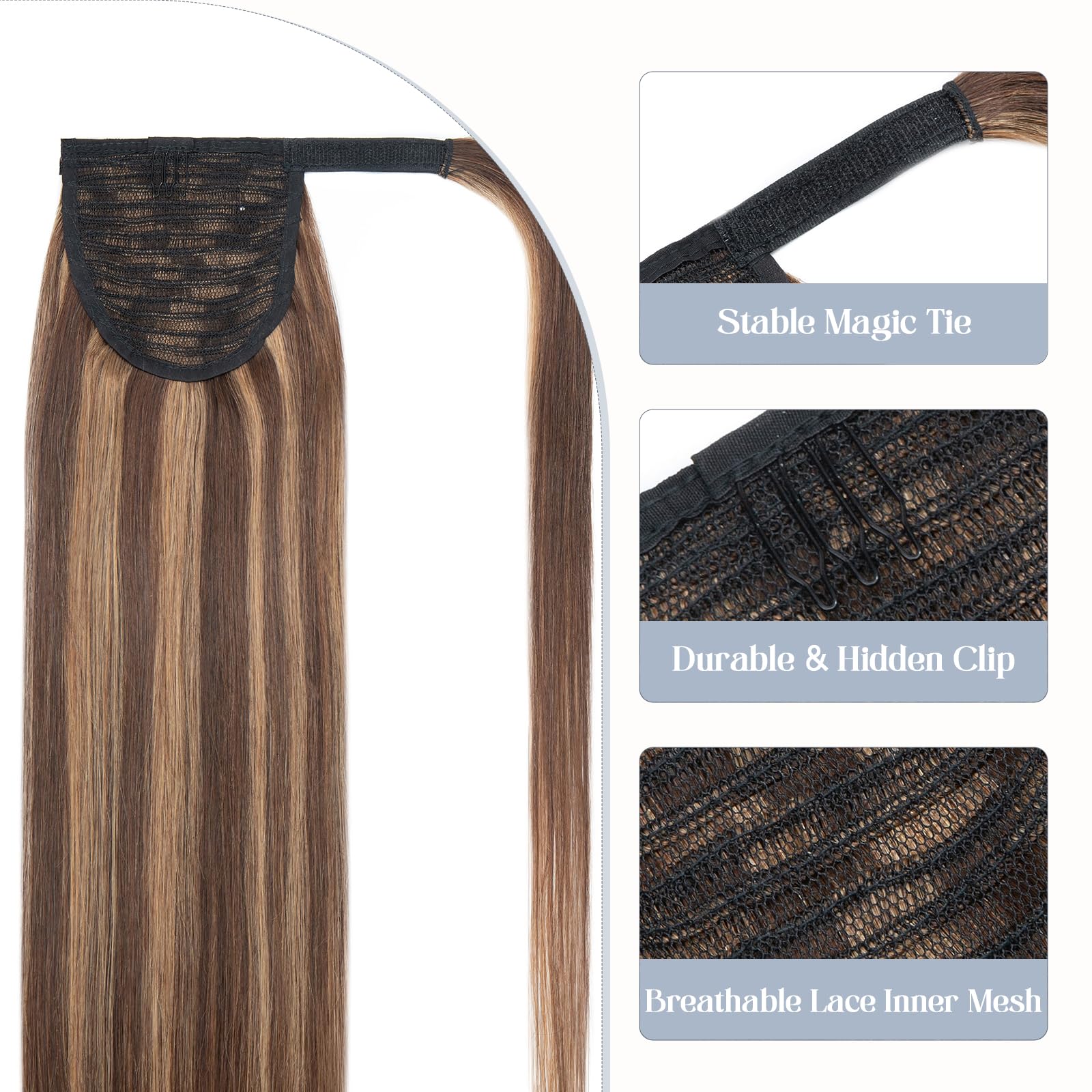 Premium Human Hair Ponytail Extension #4P27 - Medium Brown with Dark Blonde Highlights - 22 Inch Straight Clip-In Wrap Around Ponytail (90g) for Women - Perfect for Parties, Weddings & Everyday Styling
