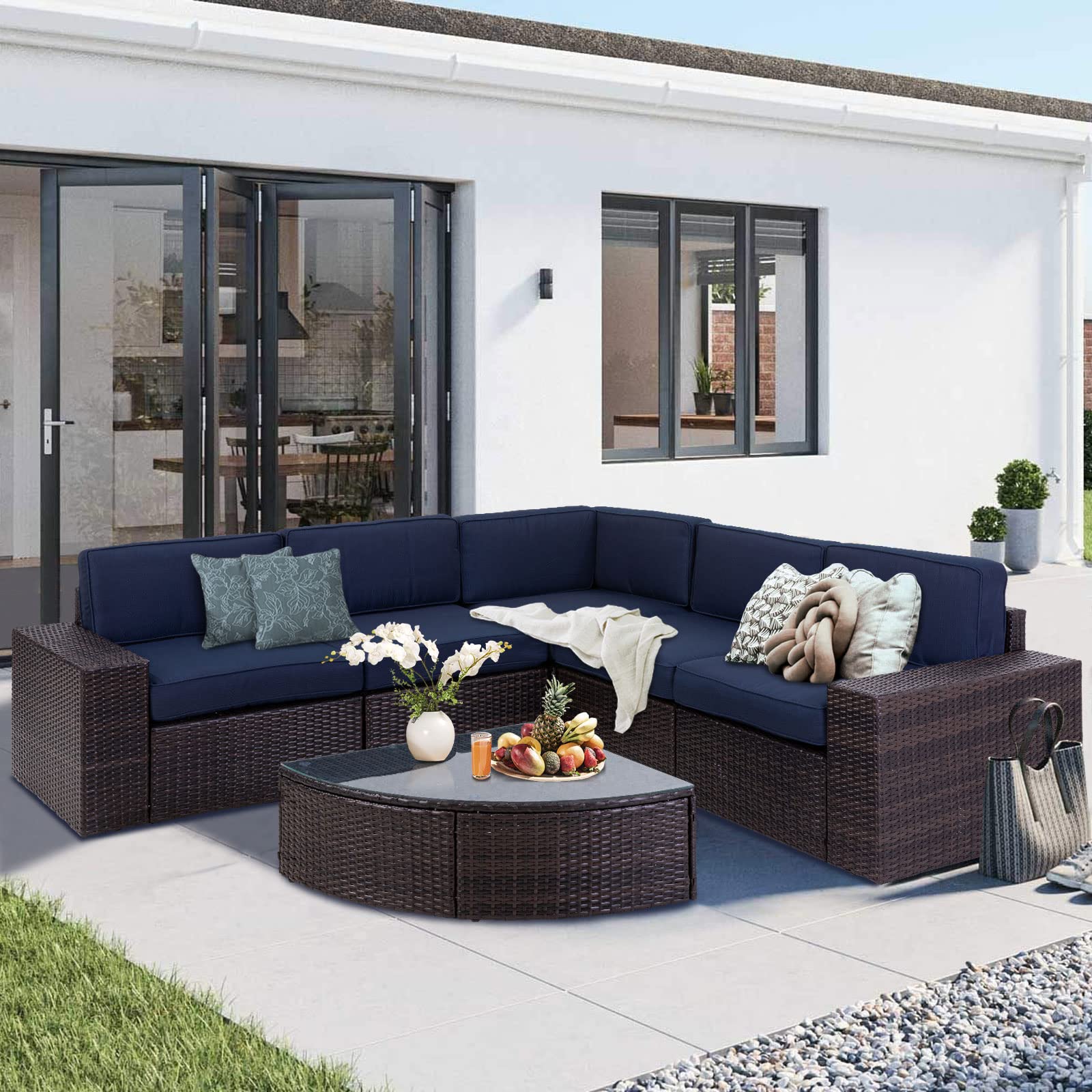 6-Piece Outdoor Sectional Sofa Set - Patio Wicker Furniture with Tempered Glass Table & Cushions - Dark Blue Conversation Set for Backyard, Poolside or Garden Relaxation