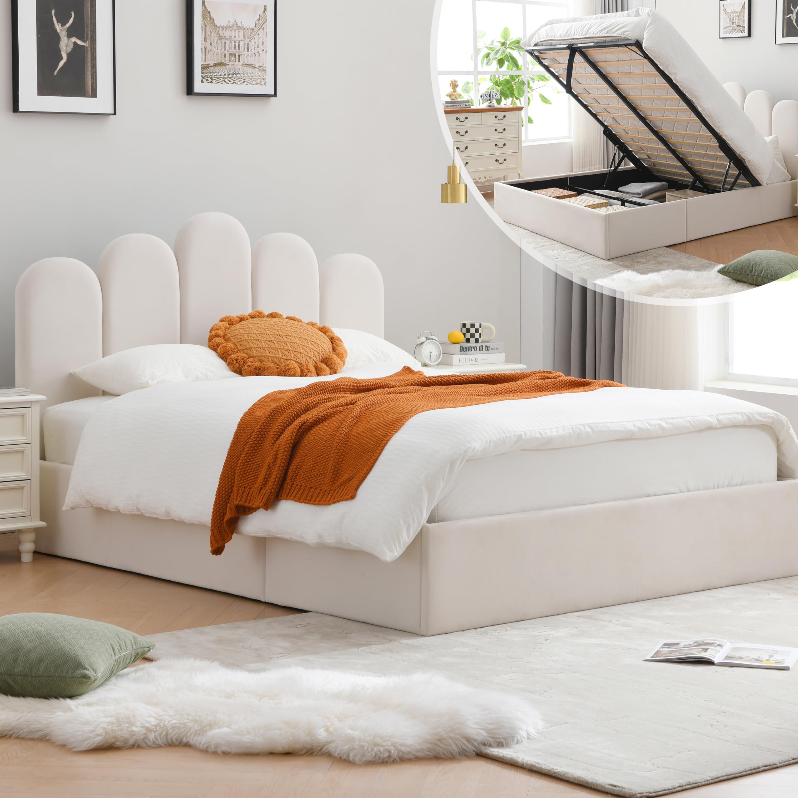 Full Size Upholstered Platform Storage Bed with Hydraulic Lift System & Wood Slat Support - No Box Spring Needed, Easy Assembly, Cream - Perfect for Small Bedrooms, Guest Rooms & Space-Saving Home Organization