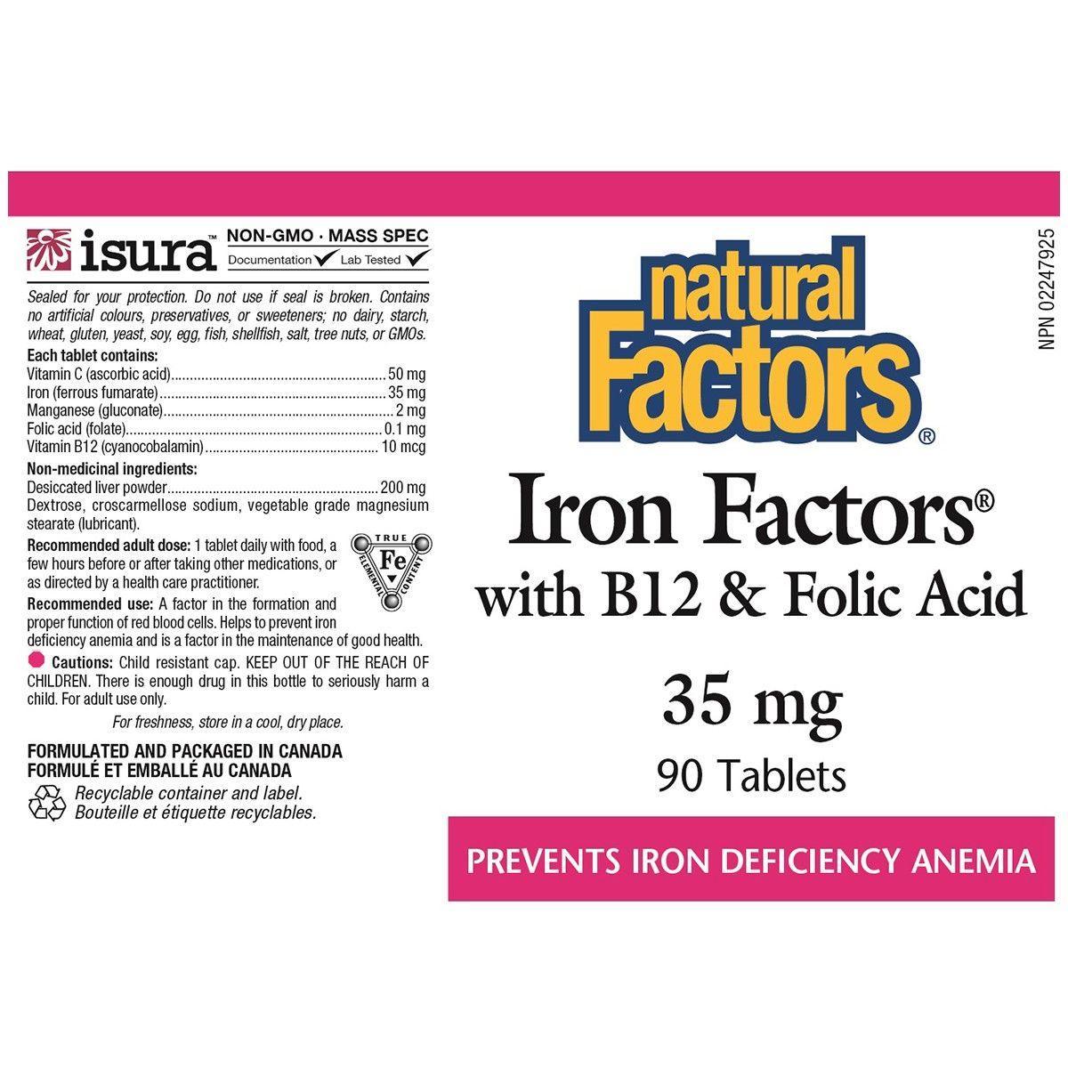 Natural Factors Iron Supplement with Vitamin B12 & Folic Acid 35mg - 90 Tablets for Energy Support & Anemia Prevention - Ideal for Vegetarians & Active Lifestyles