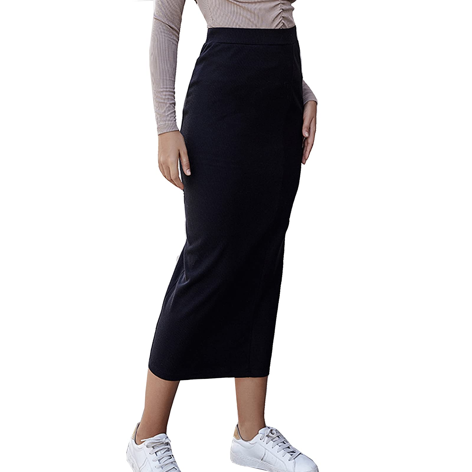Sexy High Waist Bodycon Midi Skirt for Women - Stretchy Pencil Skirt Solid Color Below Knee Length - Perfect for Office Work, Night Out & Casual Wear