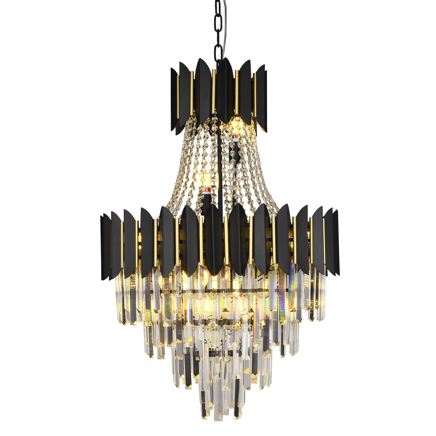 Modern Black 4-Tier Round Crystal Chandelier - 14 Lights Dimmable LED Ceiling Fixture with Raindrop Pendants - 24 Inch Contemporary Lighting for Dining Room, Living Room, Foyer, Bedroom & Entryway - Elegant Home Decor for Weddings, Restaurants and Luxury Spaces