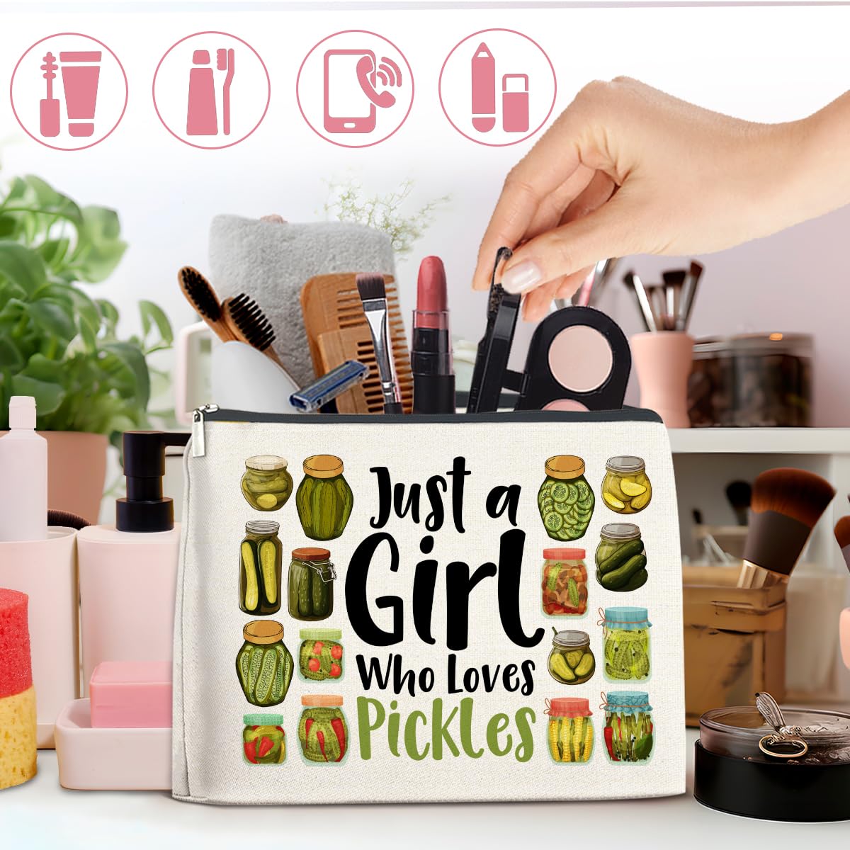 Pickle Themed Makeup Bag for Women - Cute Cosmetic Pouch with Zipper - Perfect Gift for Pickle Lovers - Great for Travel, Gym & Daily Use