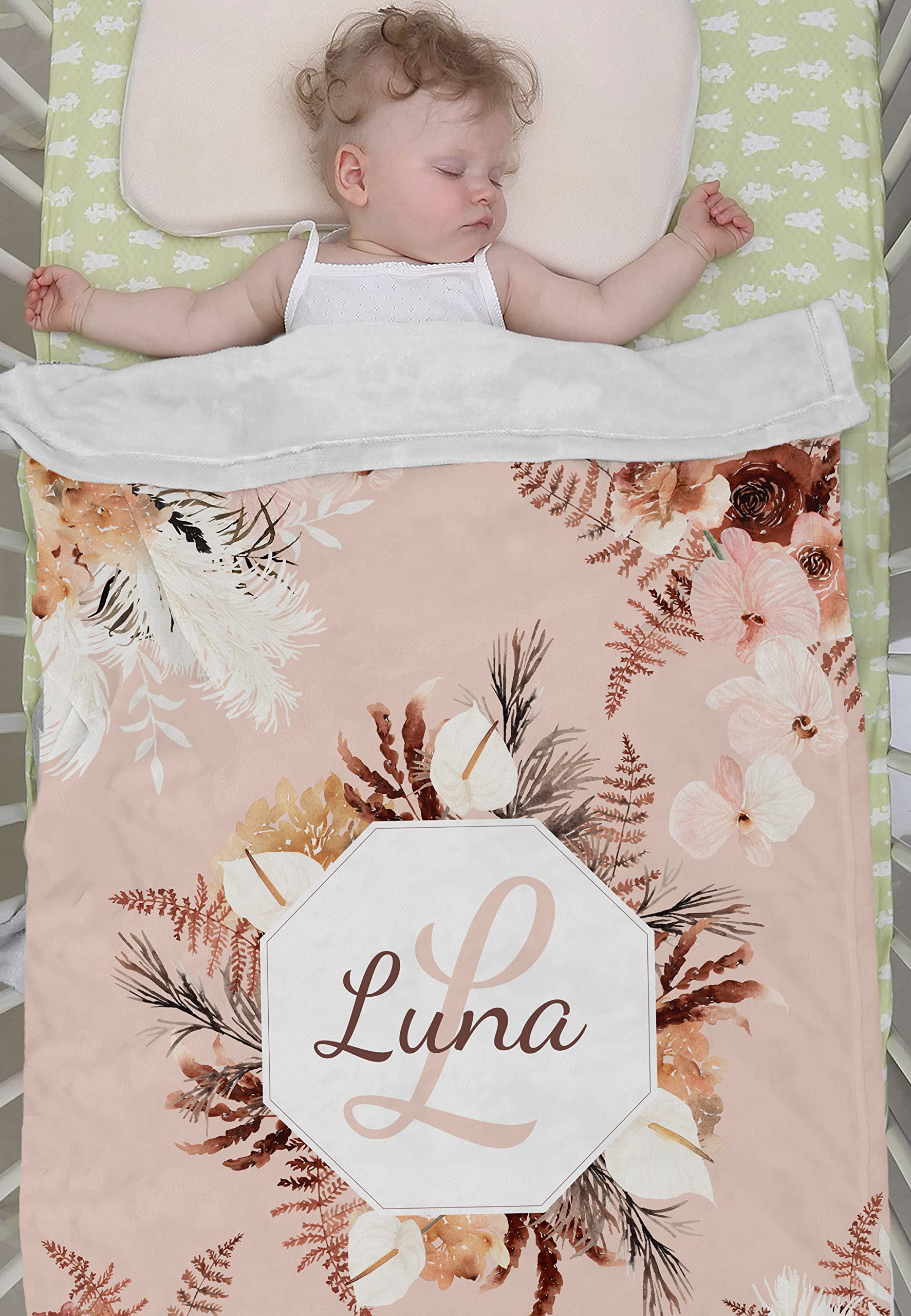 Custom Personalized Baby Blankets with Name - Soft Beige Boho Floral Blanket for Newborns & Kids - Perfect Baby Shower Gift for Girls (Nursery, Photo Shoots, Travel)