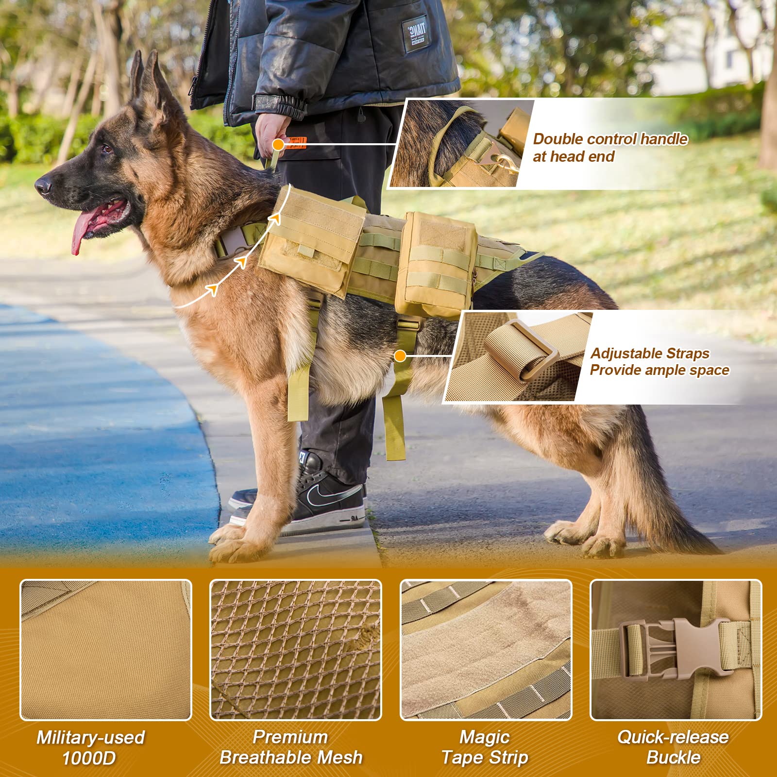 Tactical Dog Harness with Pouches - Adjustable Military Vest for Large & Medium Dogs | Hook & Loop Panels, Handle & No-Pull Design | Perfect for Walking, Hiking, Training & Service Dogs