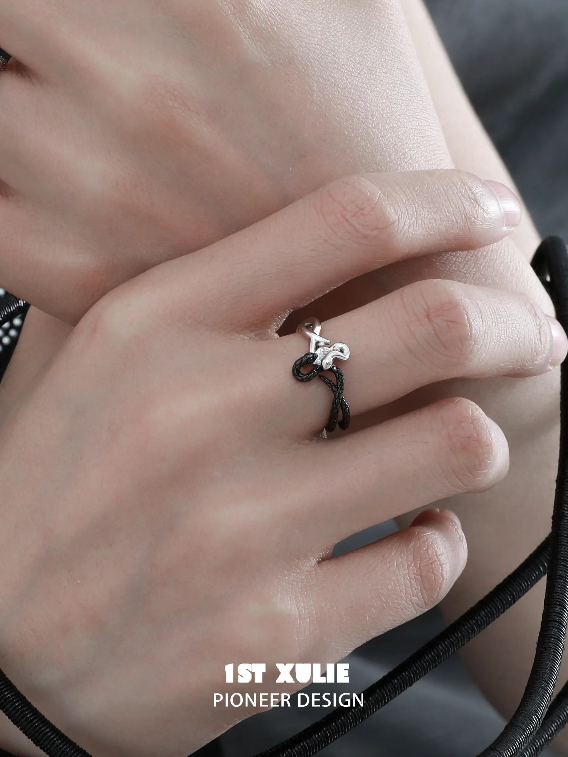 Snake Bite White & Black Serpent 925 Sterling Silver Adjustable Open Ring for Women | Gothic Jewelry, Punk Fashion Accessory, Halloween Costume Jewelry