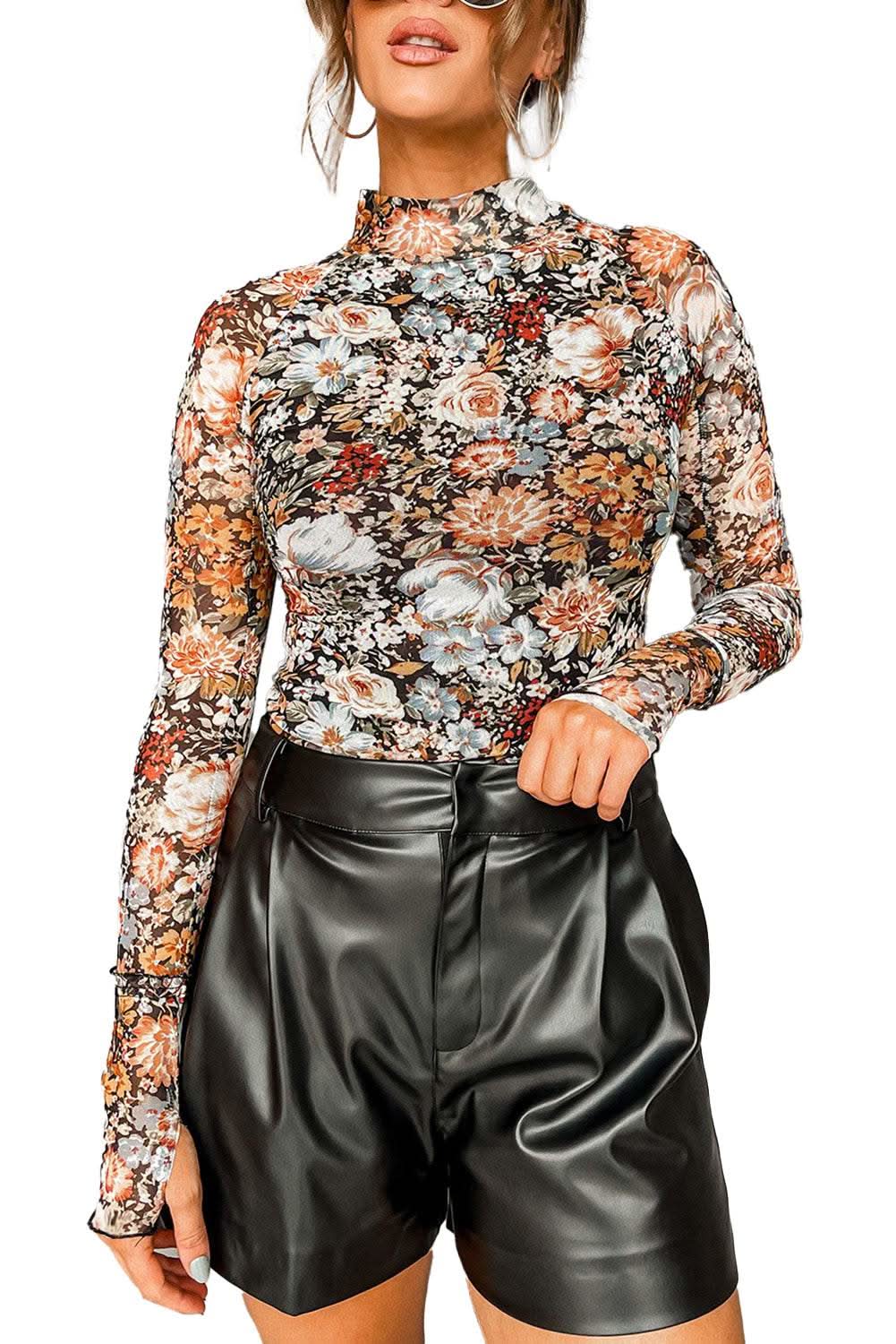 Elegant Brown Floral Mesh Blouse for Women - Stylish & Breathable Top for Casual Outings, Date Nights & Office Wear
