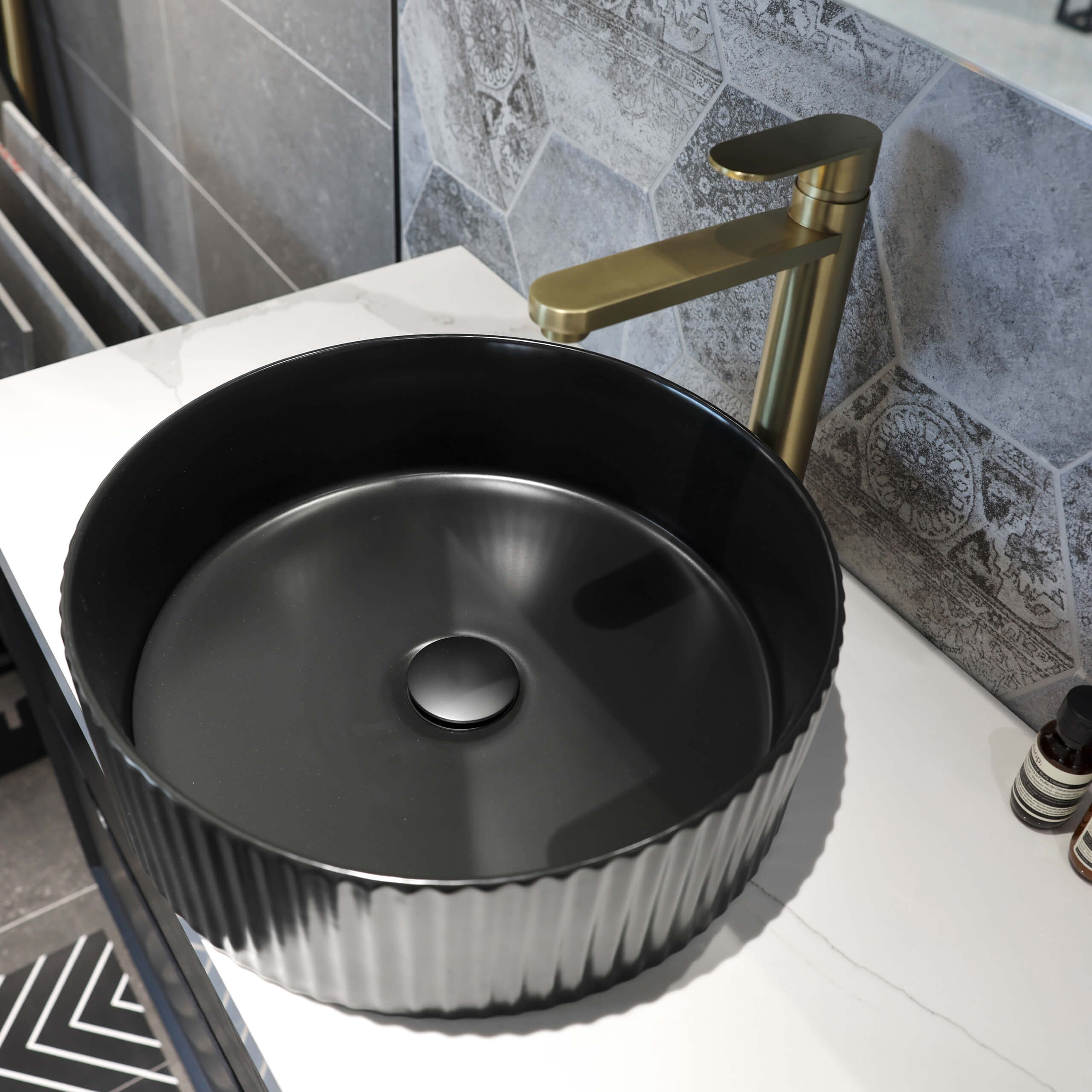 Marlo 400mm Round Above Counter Bathroom Sink - Matte Black Finish for Modern Vanity & Powder Room Decor