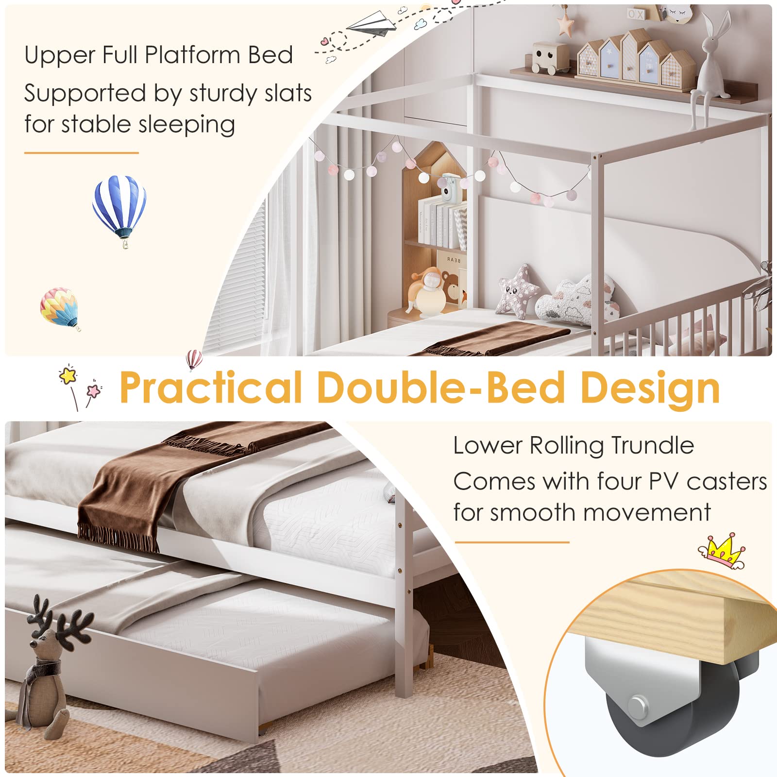 Giantex Full Size Canopy Bed with Trundle - Solid Wood Platform Bed Frame with Headboard for Kids, No Box Spring Needed - Perfect for Boys & Girls Bedrooms, Sleepovers and Space Saving (White)
