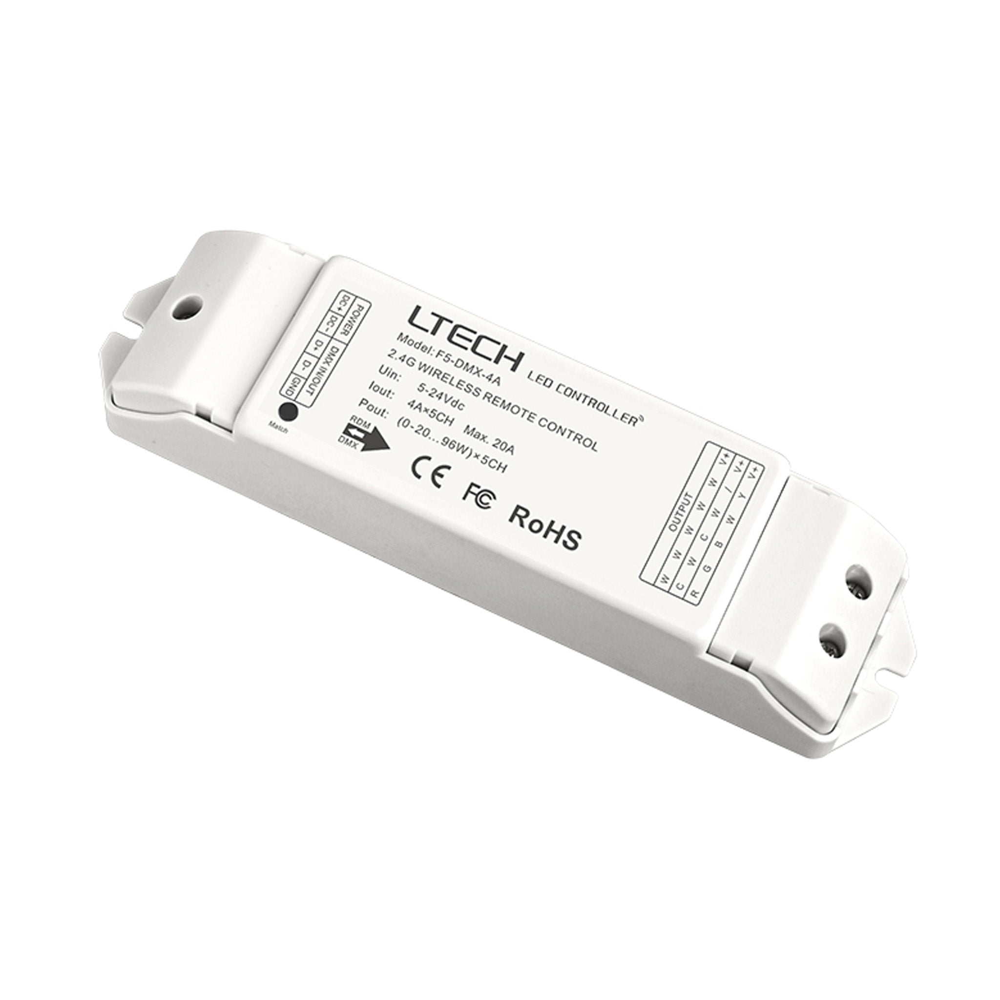 Ltech F5 DMX 4A Wireless RF Constant Voltage Controller - 5 Channel DMX512 LED Lighting Controller for Stage, Theater, and Architectural Lighting