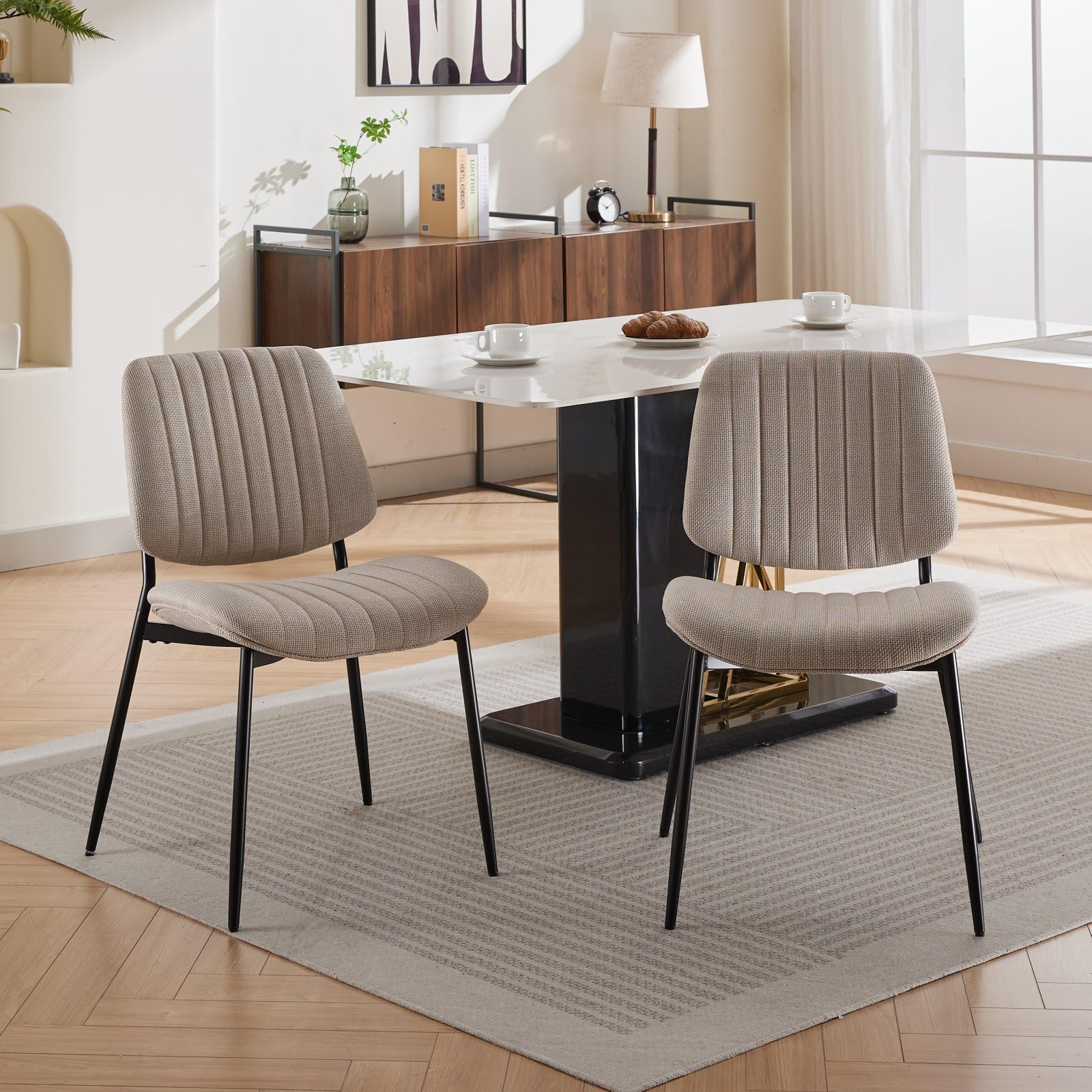 Mid-Century Modern Dining Chairs Set of 2 - Upholstered Retro Linen Chairs with Walnut Bentwood Back & Metal Legs, Adjustable Feet for Kitchen, Dining Room - Beige Vertical Stripes (Perfect for Small Spaces & Contemporary Home Decor)