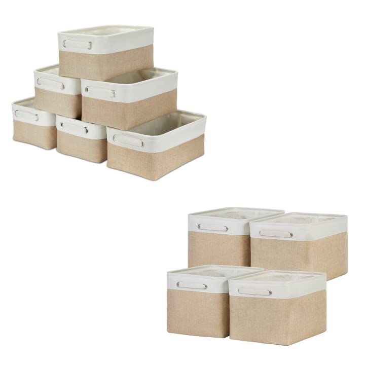 Araierd Small Fabric Storage Baskets with Handles - Foldable Canvas Organizer Bins for Clothes, Toys, Books - Perfect for Shelves, Closets & Nursery Organization (White & Khaki)