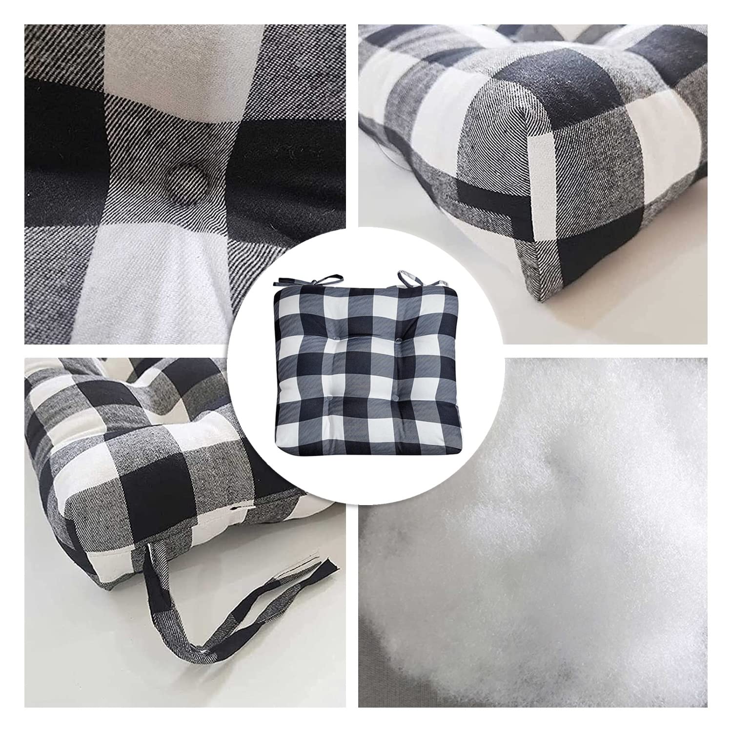 2-Pack Black and White Buffalo Check Chair Pads with Ties - Comfortable Kitchen & Dining Chair Cushions for Indoor and Outdoor Use - Perfect for Patio, Deck, and Breakfast Nook Seating