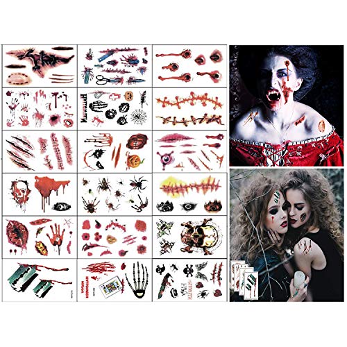 Scary Zombie Tattoos & Makeup Kit - 18 Sheets Halloween Body Scar Stickers for Costume Parties, Cosplay, and Horror Decorations | Perfect for Halloween Night, Cosplay Events, and Haunted House Props