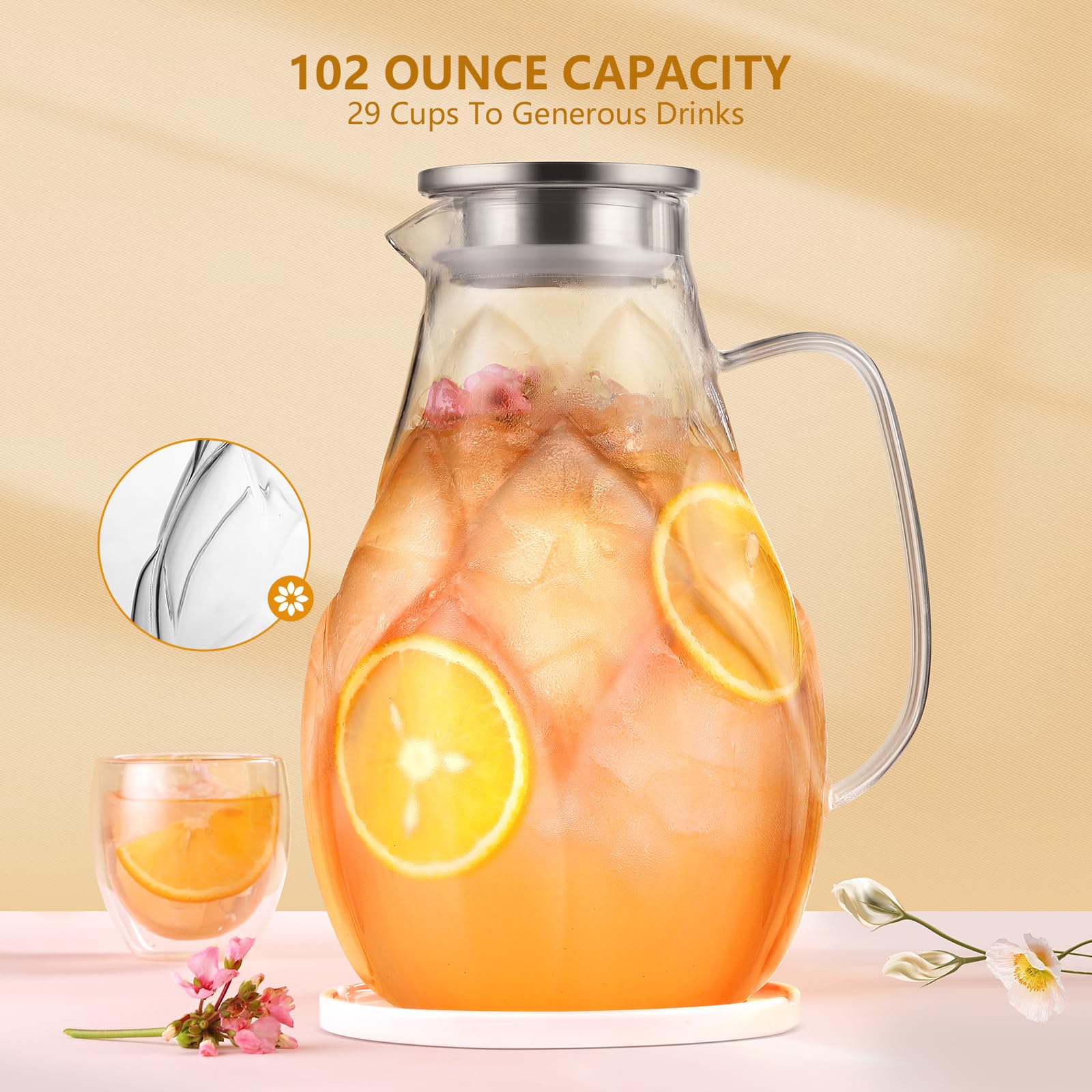 102oz Glass Pitcher with Lid - Stainless Steel Large Iced Tea Pitcher with Unique Petal Design - Lightweight Borosilicate Glass for Hot & Cold Drinks - Perfect for Iced Tea, Lemonade, Cocktails & Party Serving