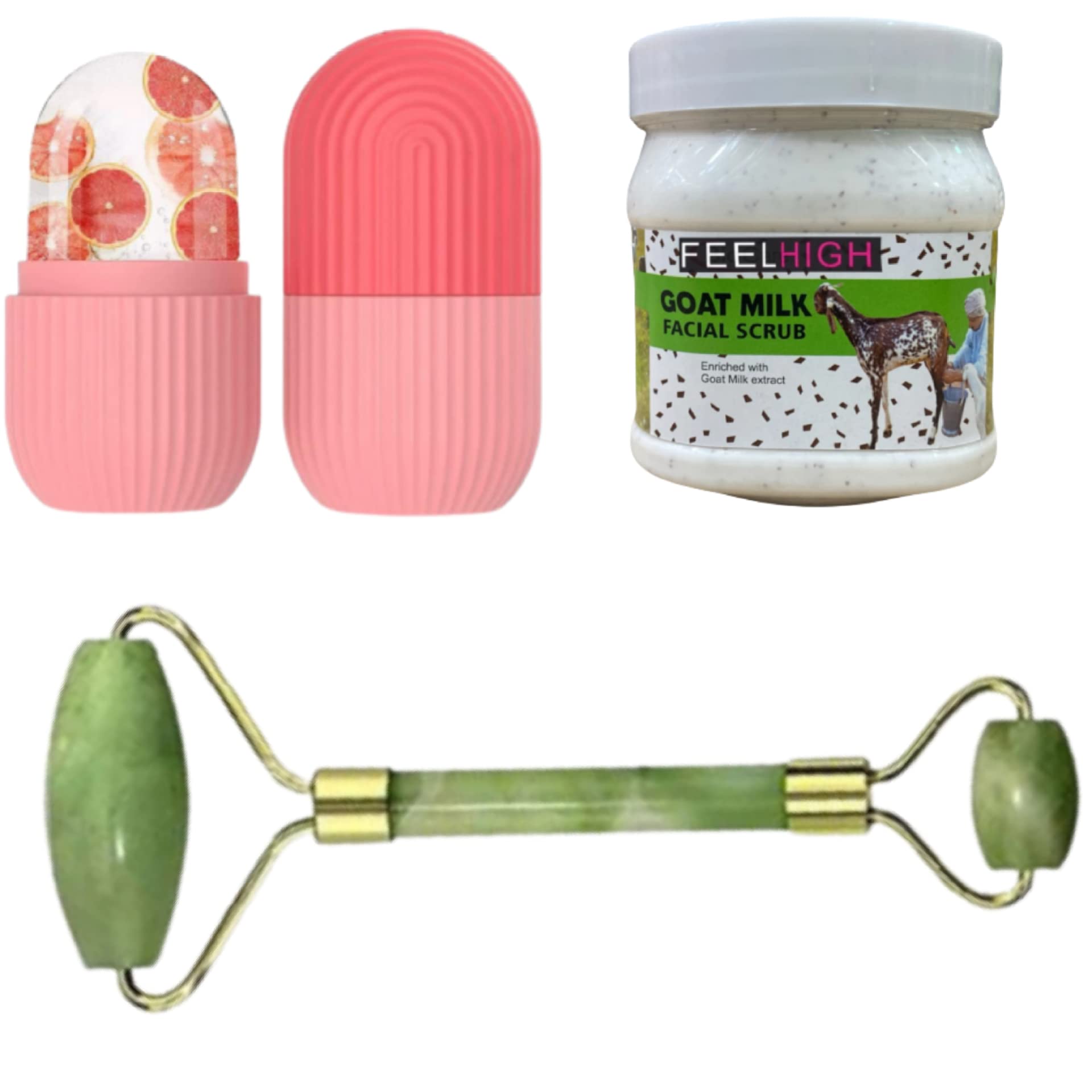 Feelhigh Goat Milk Scrub & Facial Kit with Ice Roller & Massager - 3-Piece Skincare Set for Exfoliation & Anti-Aging - Perfect for Spa Day & At-Home Facial Treatments